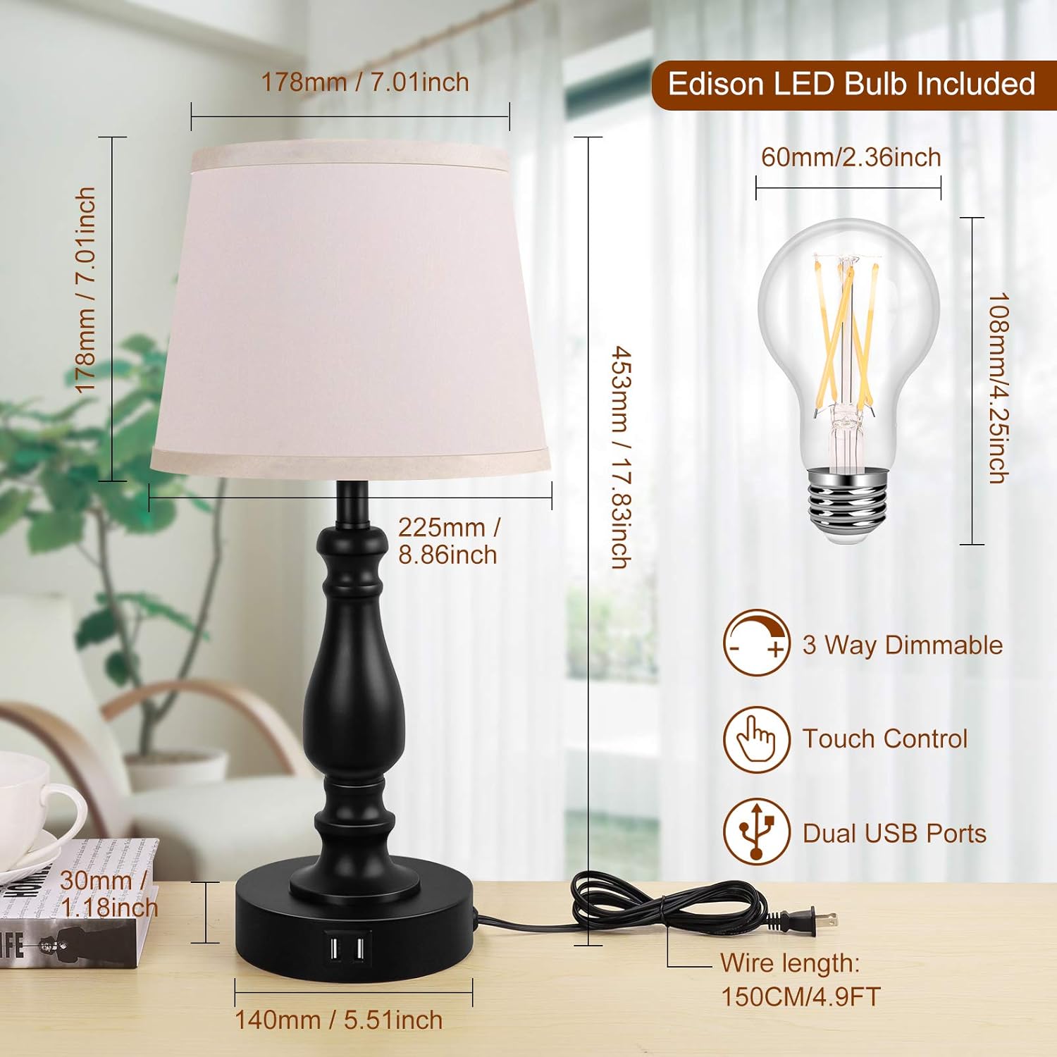 Bеѕt Cуbеr Dеаlѕ 🔥 Touch Control Bedside Lamps with 2 USB Charging Ports, 3 Ways Dimmable Nightstand Lamps with A19 6W LED Bulb, USB Modern Table Lamps with Fabric Shade for Bedroom, Living Room, Office Set of 2