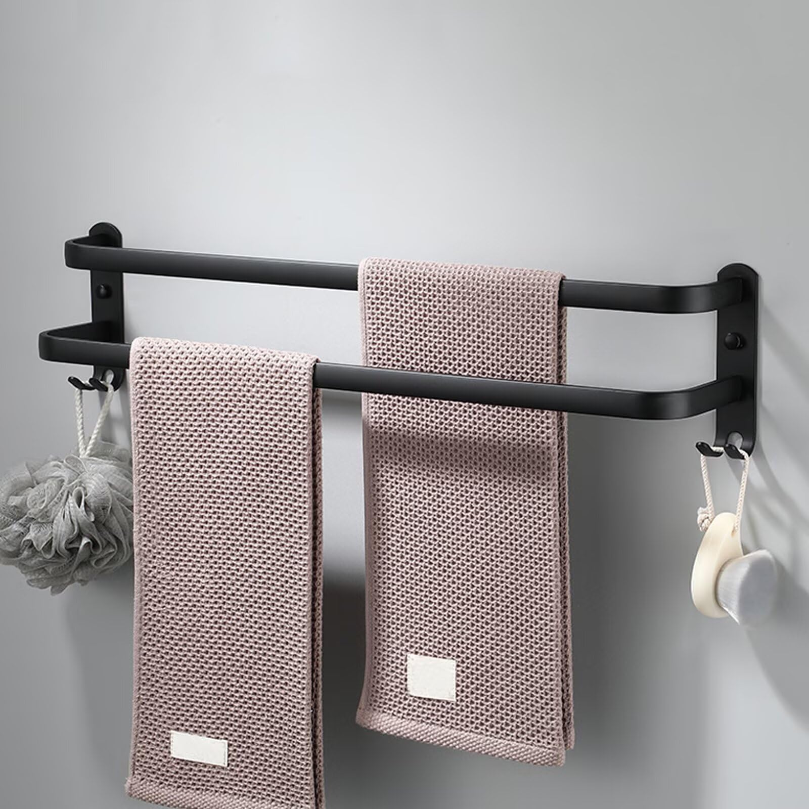 Dorgetoues Towel Rail Wall Mounted Bathroom Towel Rack Aluminum Towel Rails with Hooks Drilling Installation Towel Bar for Bathroom Kitchen Black 2 layers 50cm