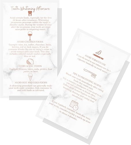 Tarjetas de instrucciones para el cuidado posterior para blanquear los dientes, paquete de 50, tarjeta de visita de 2 x 3.5 pulgadas, tamaño