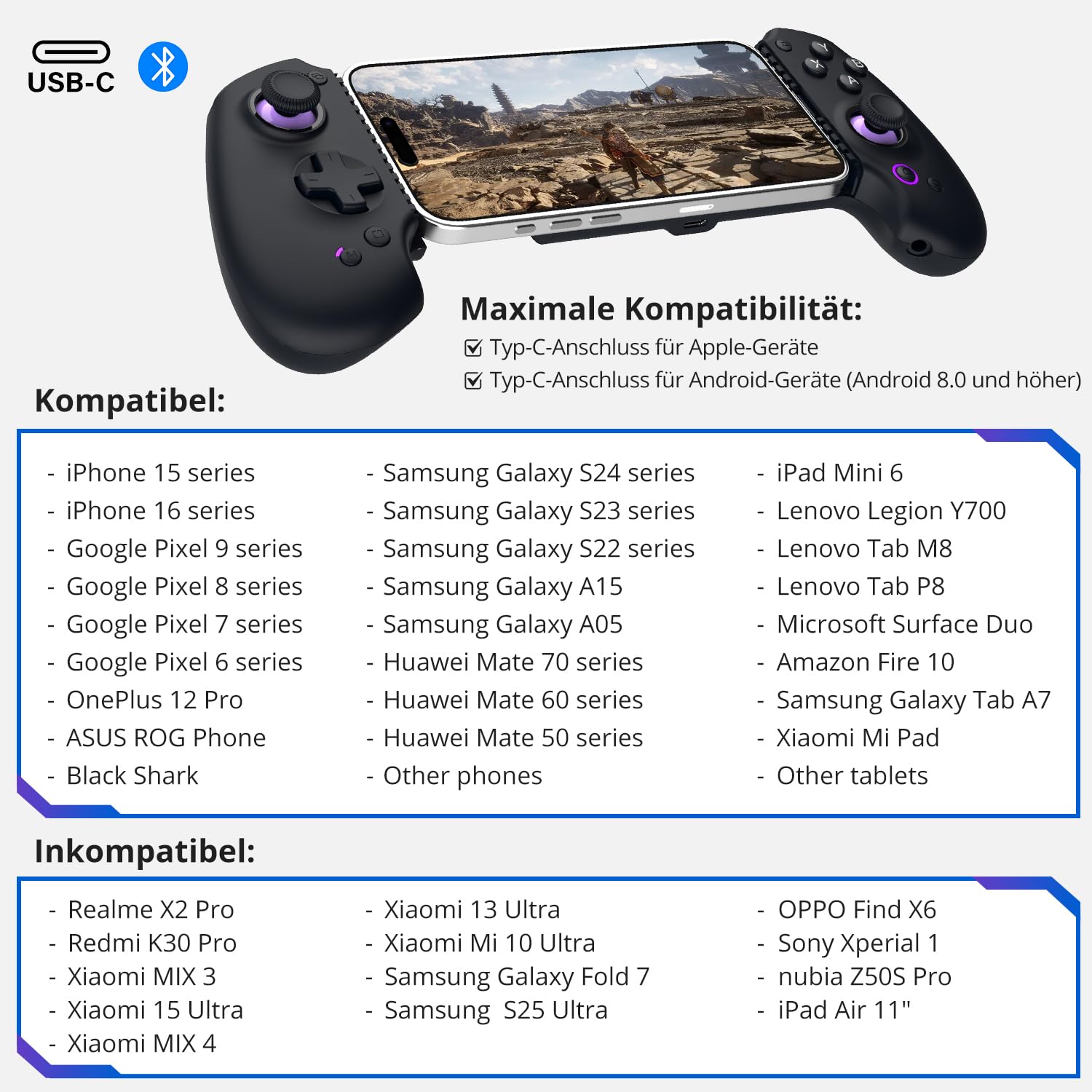 abxylute S9 Full-Size Gaming Phone Controller für iPhone 15/16/17, iPad Mini 6/7 Android Tablet Bluetooth TypeC Mobile Gamepad Kostenloser Tastenbelegung Genshin Impact, Hall Effect Joystick (black)