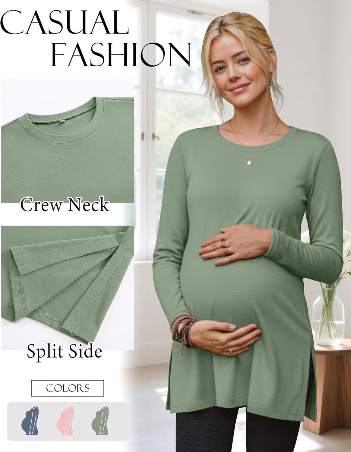 Riyiper 3 Pack Women's Maternity Shirts Split Side Crew Neck Pregnancy Lounge Tee Tops Long Sleeve Loose Fit Pajamas Clothes