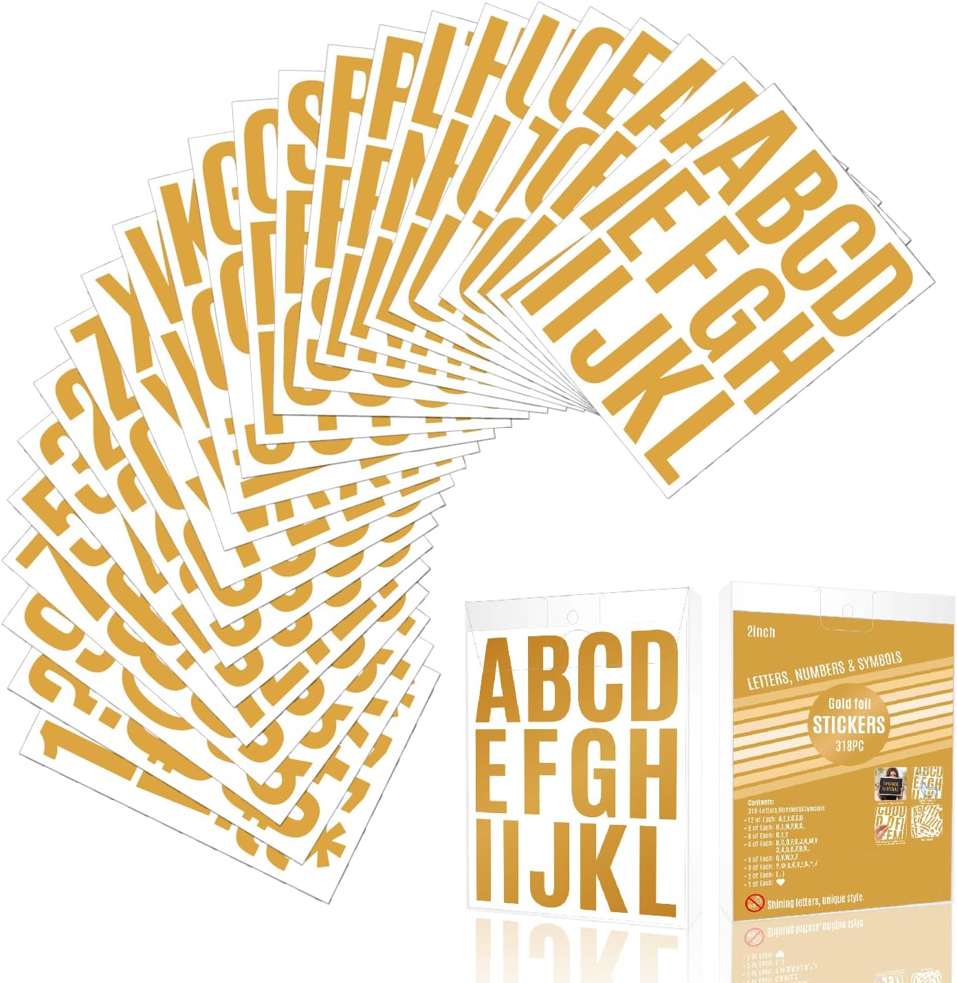 24 Sheets 318 Pcs 2 Inch Golden Alphabet Letters Stickers - Metallic Vinyl Self-Adhesive Outdoor Mailbox Numbers Poster Bulletin Board DIY Decor - Large Iron-On Letters for Backdrops & Bulletin Boards