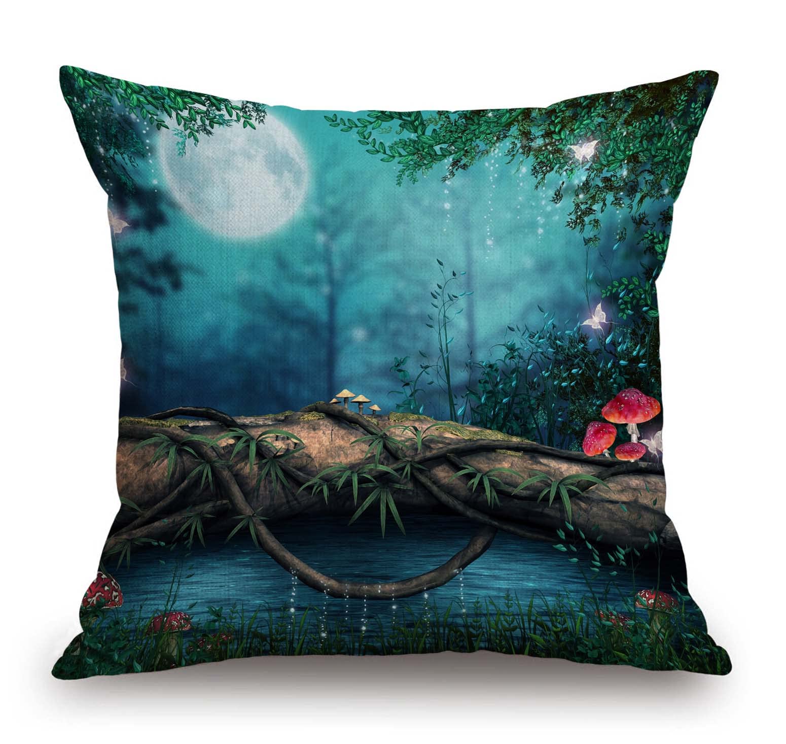 TSSOHU Enchanted Pond Throw Pillow Cover Fantasy Fairy Tale Forest Red Mushroom Green Plants Leaves Meadow Tree Log Moon Blue Home Decor Pillowcase