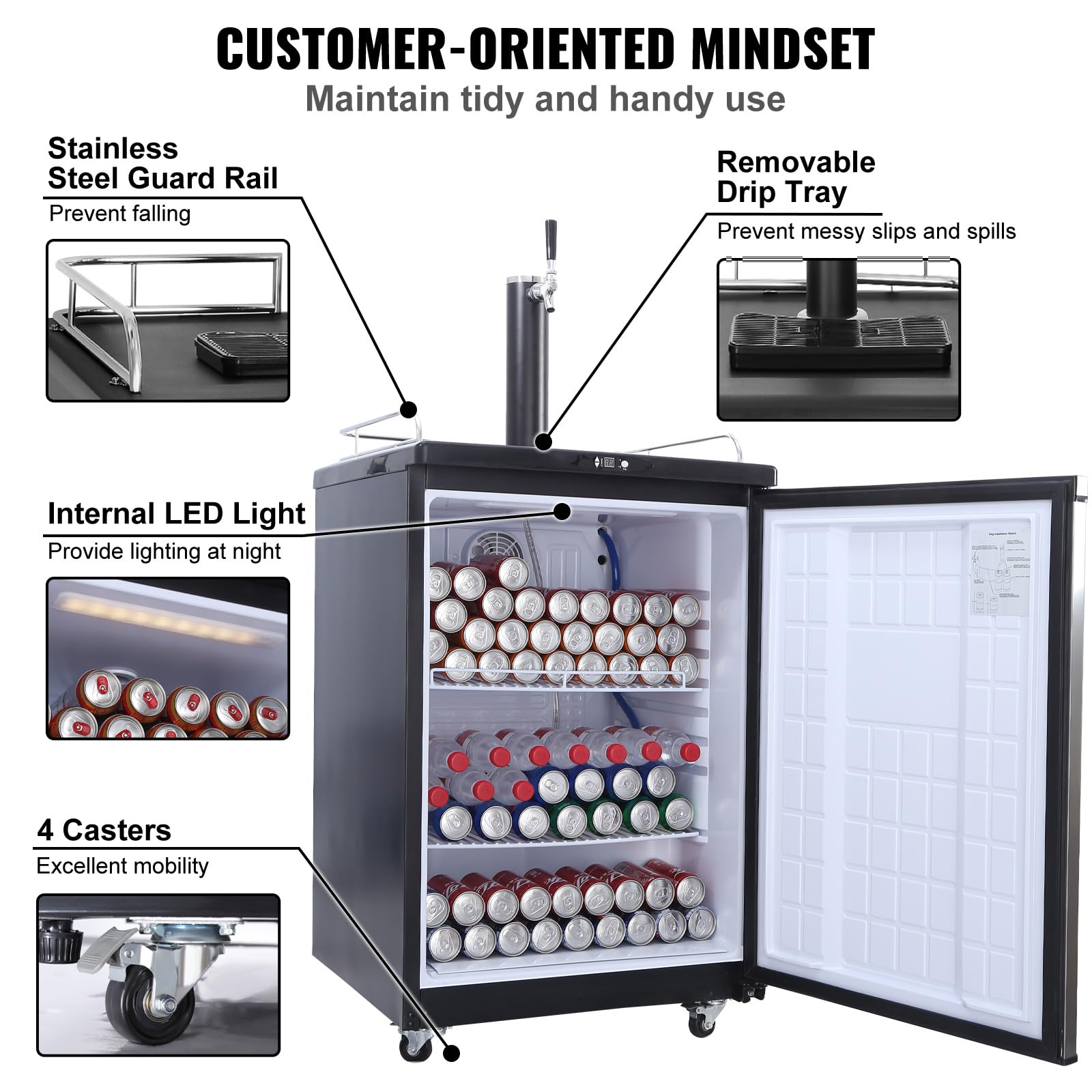 Happybuy Single Tap Beer Kegerator - Full Size Keg Refrigerator With Shelves, Co2 Cylinder, Drip Tray & Rail, 32°F - 75.2°F Temp Control, Fits 1/6, 1/4, 1/2 Barrels, Silver on Fridge.com - View 6