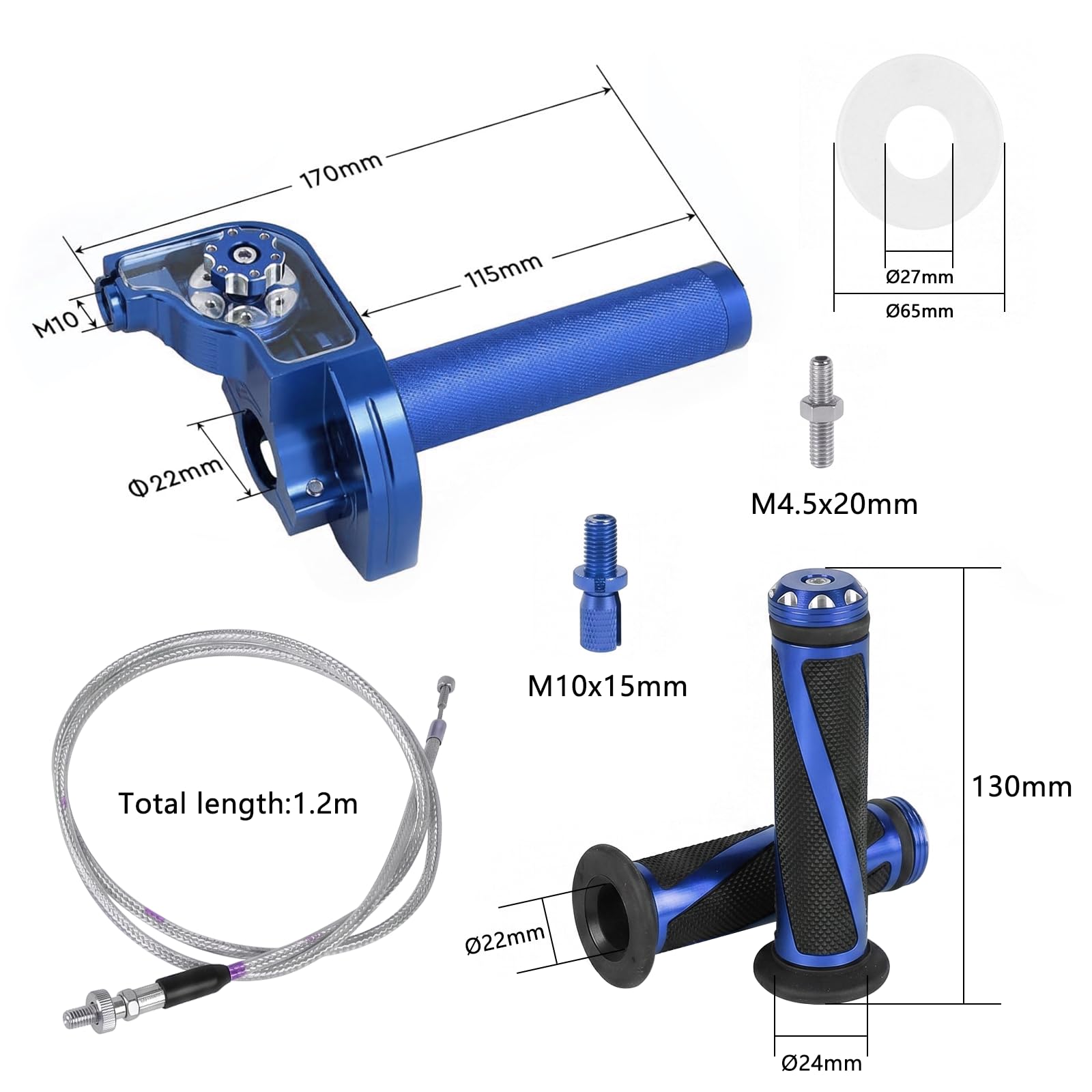 Conjunto Acelerador Moto 7/8 '' 22 mm,Puño Acelerador Moto CNC Aluminio,Puño Acelerador Rapido Moto con Cable 1.2m & Puños Moto para 50-250 cc Dirt Bike Mini Bike ATV Quad Moto,Azul