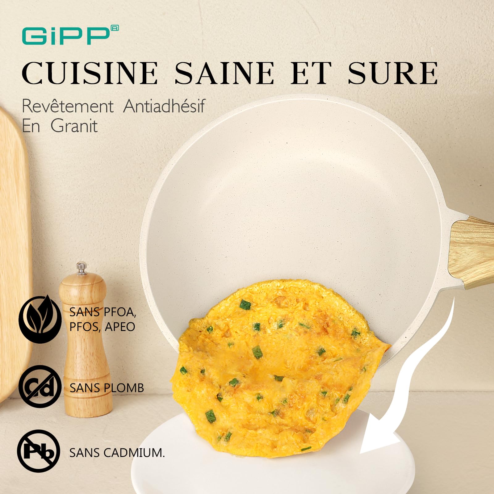 GiPP Set de Poêles et Casseroles avec Revêtement Céramique Antiadhésif - 21 Pièces Induction Lot de Poele avec Spatule + Cuillère, Sans Toxiques, Convient à Différents Types de Cuisinières | Grande capacité, sauter dans la poêle, sauter, braiser, frire, l