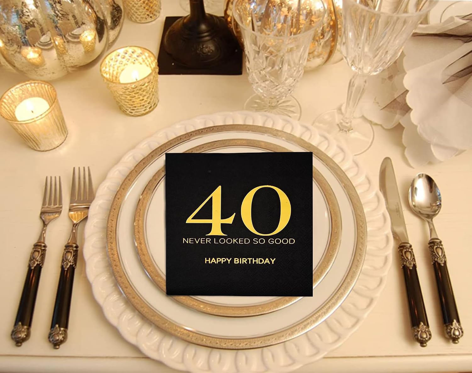 40th Theme Birthday Plates and Napkins, Black and Gold 40th Birthday Party Supplies Disposable Dinnerware Set for Women and Men Service 20 image 3