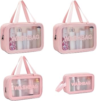 DAPOWER 4 PCS Travel Toiletry Bag for Women, Matte Translucent Shower Bag with Handy Handle, Makeup Cosmetic Organizer Bag for Travel Toiletries Accessories Pink