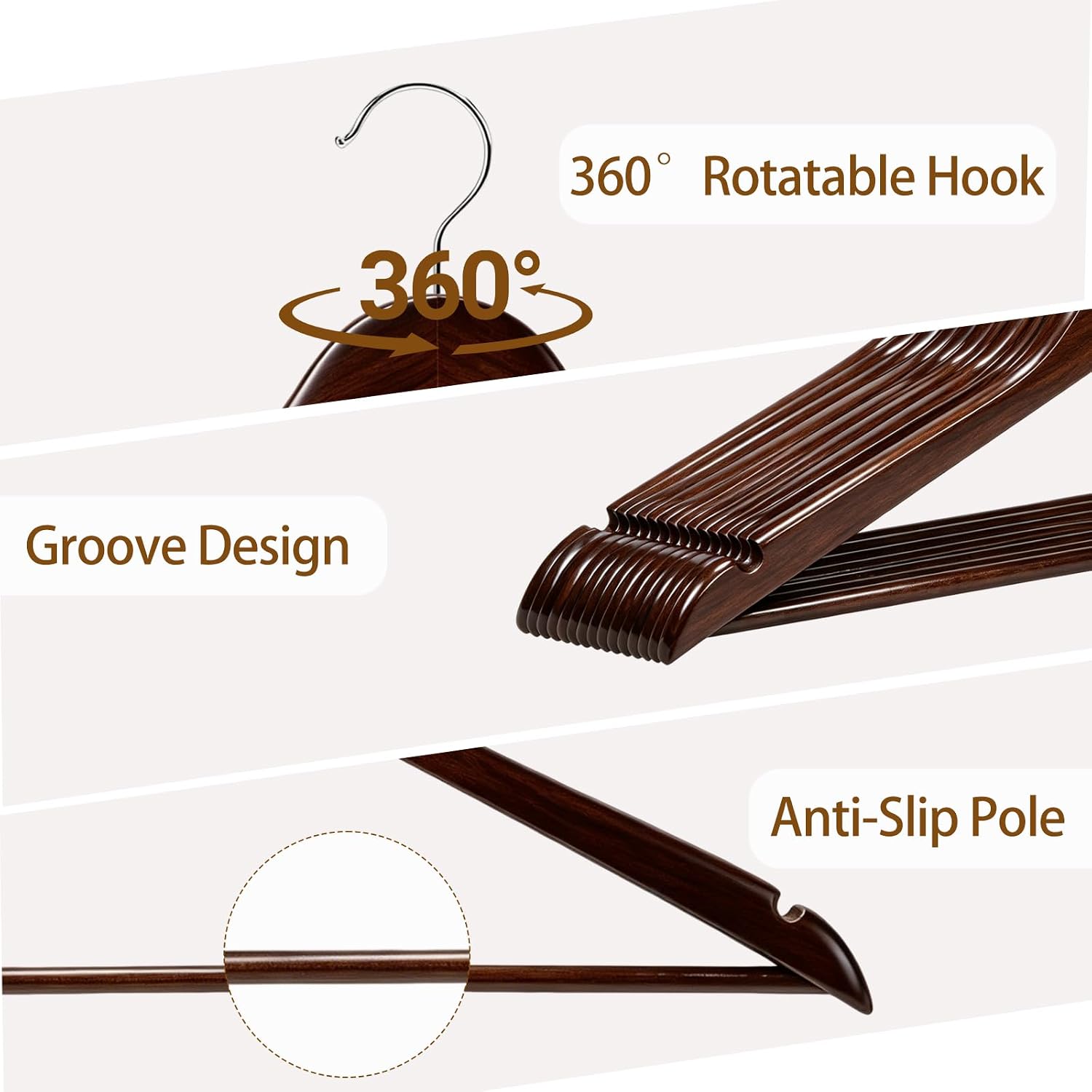 30 Pack Wooden Hangers, Solid Wood Coat Hanger with 360 Swivel Hook, Smooth Finish 17.5 Inch Clothes Hanger with Shoulder Groove for Shirts, Pants, Suits, Jackets, Dresses, Dark Brown