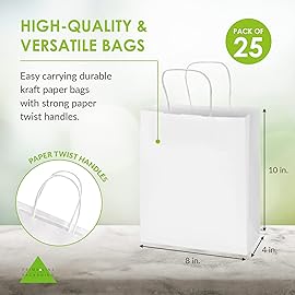 Prime Line Packaging White Paper Bags, Kraft Gift Bags with Handles for Small Business, Boutique, Retail, Shopping, Birthdays, Party Favors, Bulk, 8x4x10, 25 Pack