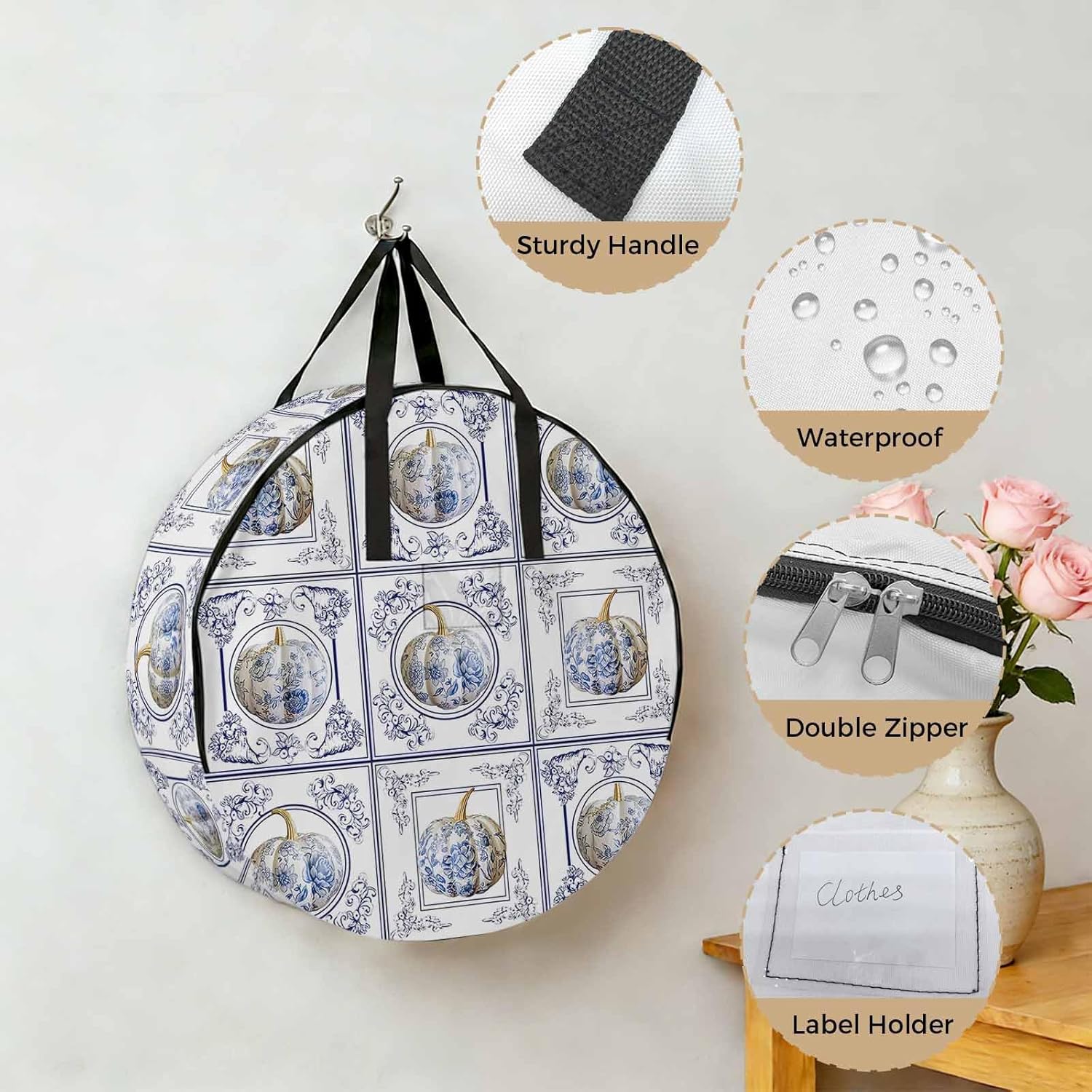 Fall Thanksgiving Round Storage Bag 36 Inch, Pumpkin Blue and White Porcelain Floral Plaid Clothes Storage Container with Handles Heavy Duty Organizer for Comforter, Bedding & Holiday Wreaths