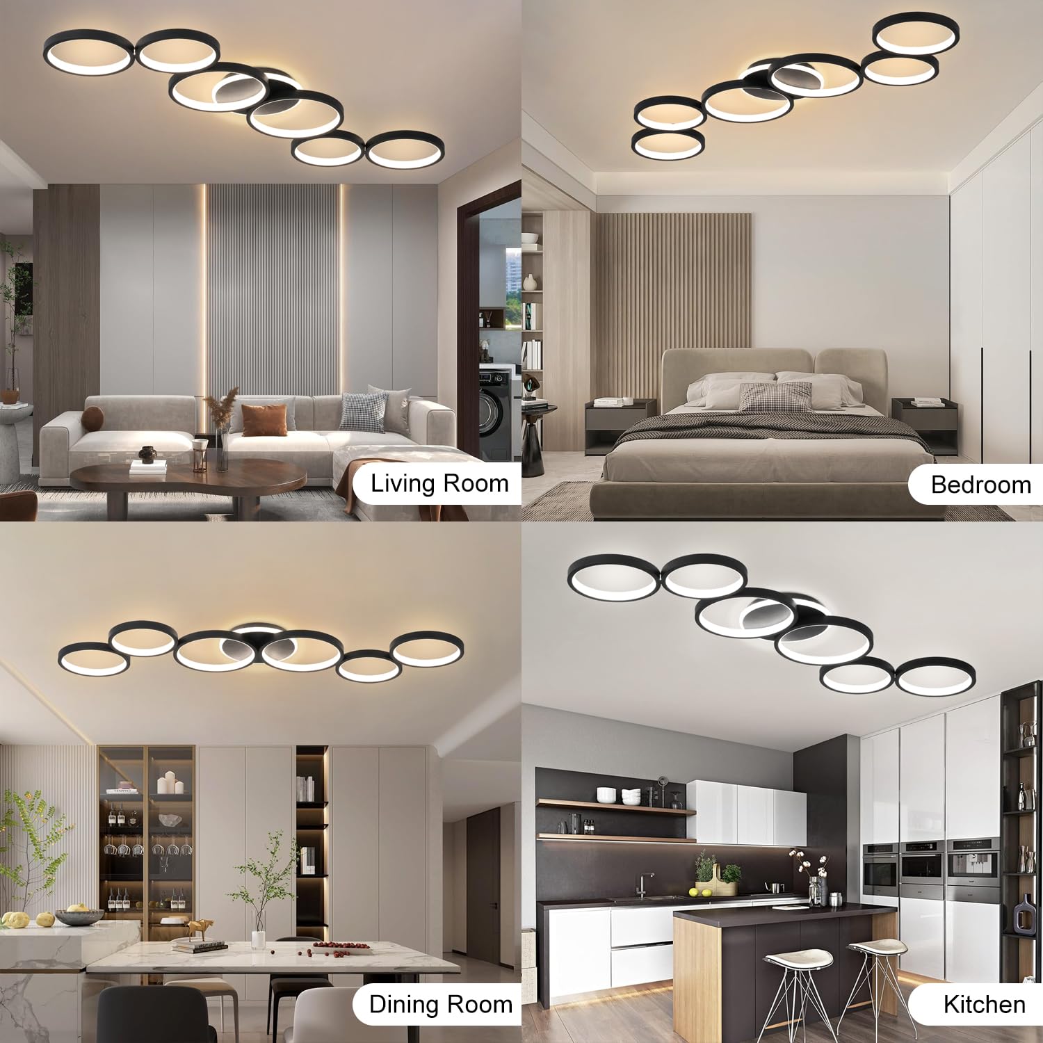 Plafoniera LED Soffitto Dimmerabile Lampada da Soffitto Soggiorno Nero 69W | 113cm Luce Camera da Letto Telecomando e APP, Moderna Illuminazione Rotonda a Soffitto a 6 Anello con Funzione di Memoria
