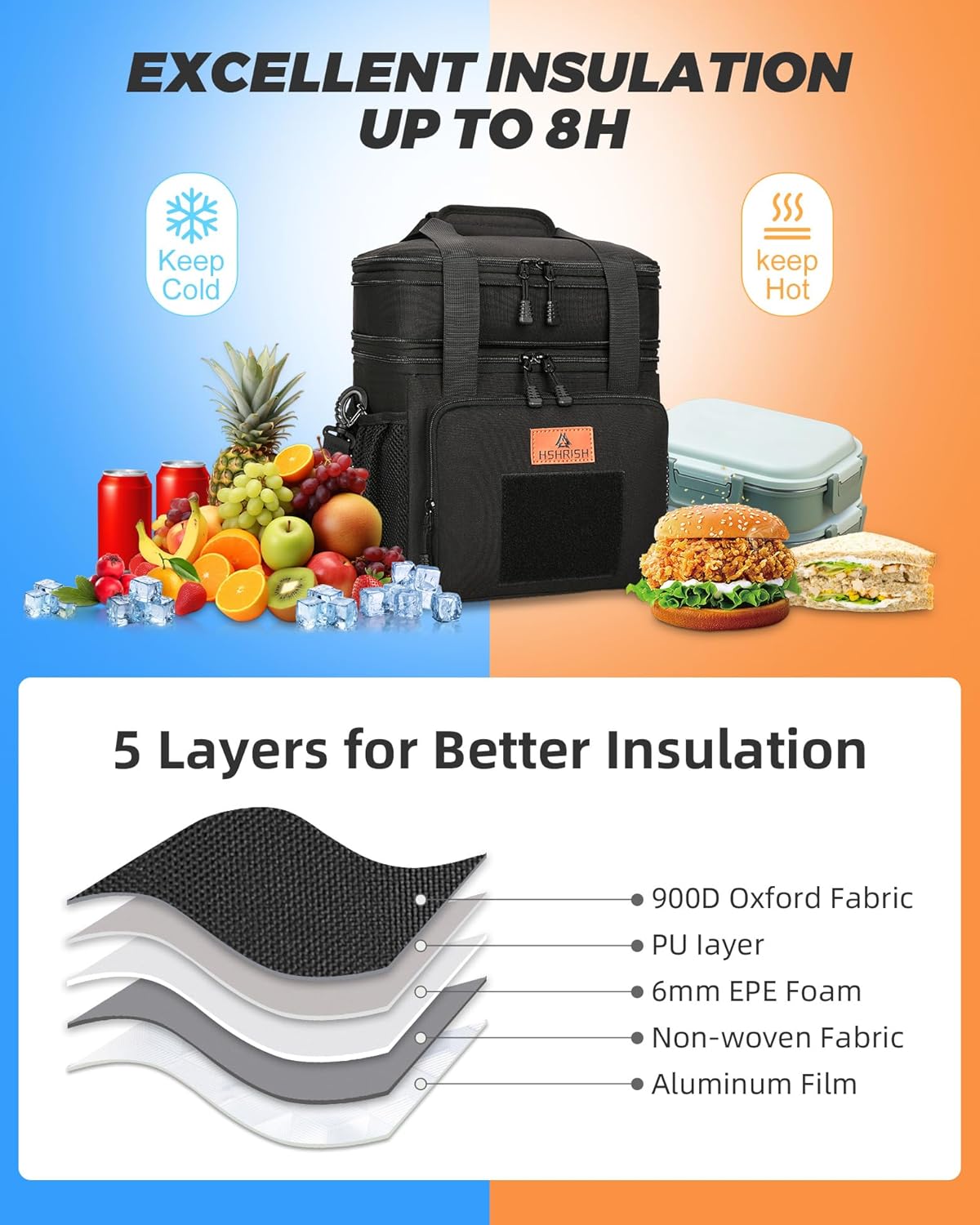 Expandable XLarge Tactical Lunch Box for Adults, Leakproof Insulated Lunch Bag with Lots of Storage Space, Durable Cooler Bag for Men Women Work Outdoor Picnic Trips, 22L(Black), HSHRISH