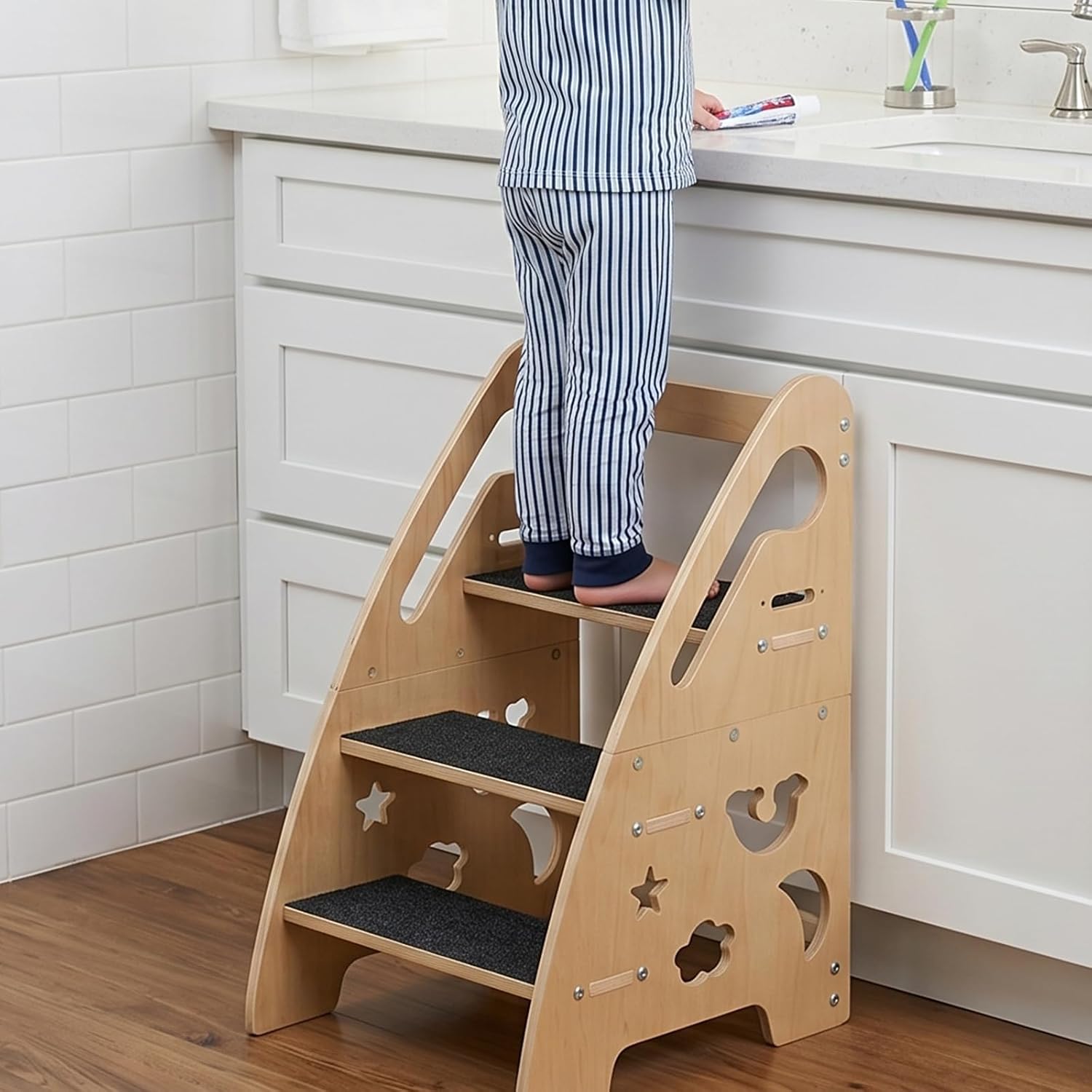Toddler Step Stool, Height Adjustable 3-Step Kids Wooden Step Stool with Safety Handrails, Non-Slip Pads, 220lbs Heavy Duty Kids Stool for Bathroom Sink, Kitchen Counter & Potty Training