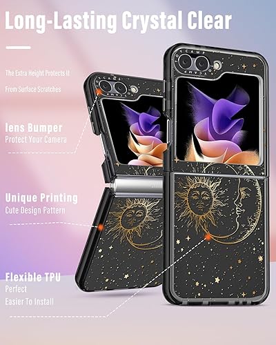 Miniatura 4 de Toycamp Funda para Samsung Galaxy Z Flip 4 con soporte para anillo, bonita y divertida funda de diseño de estrellas de sol y luna de bruja, a prueba