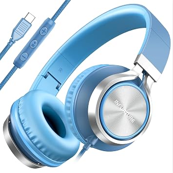 INFURTURE USB C Headphones Wired with Mic & Volume Control, Noise Isolating Over-Ear Headphones, Tangle-Free Plaiting Line, Foldable Headphone for School/Travel/iPad,Tablet,iPhone 17/16/15