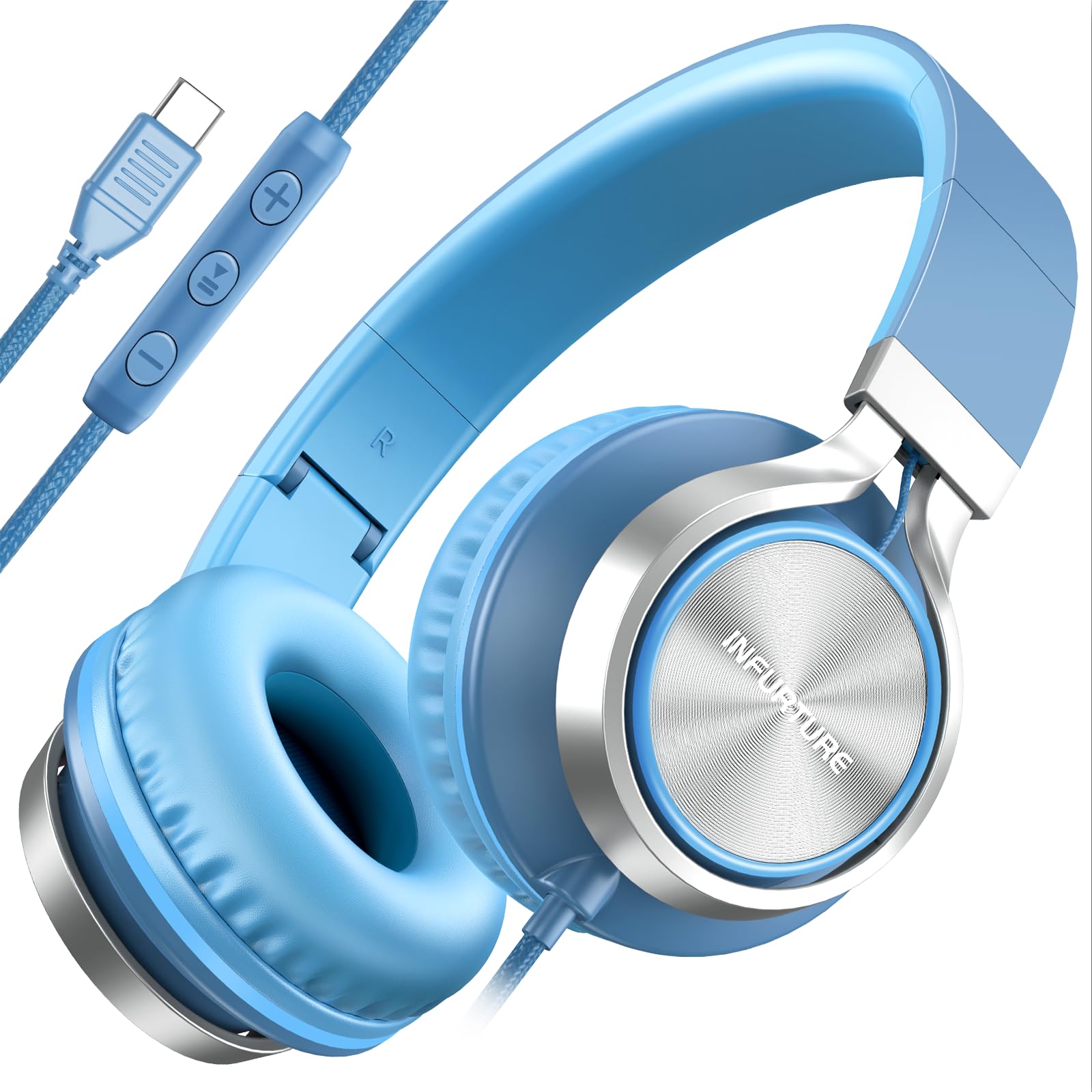 INFURTURE USB-C-Kopfhörer mit Mikrofon und Lautstärkeregler, Nur 191g Over Ear kopfhörer, Leicht Kopfhörer für Schule/Reisen/iPhone 17/16/15, Samsung Galaxy S25/S24, Google Pixel 9