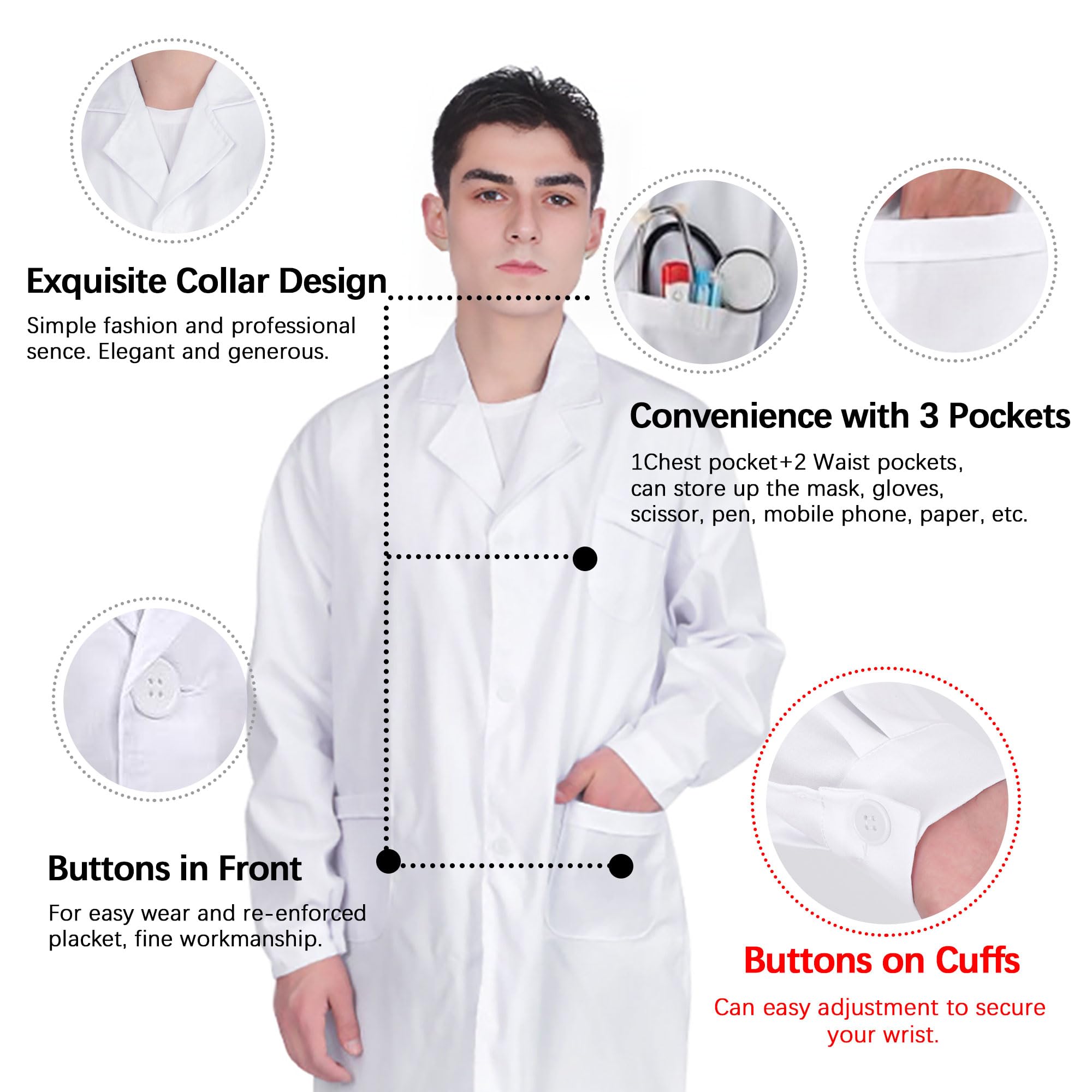 Bata de Laboratorio Médica Blanca Larga Manga Larga Uniformes Sanitarios con Bolsillos y Botones