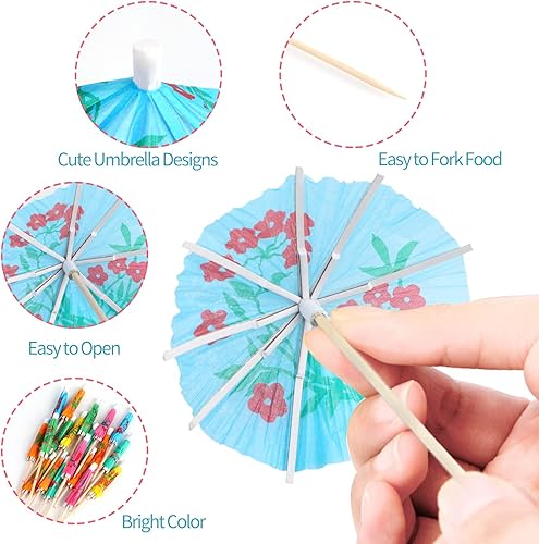Miniatura 3 de KIMOBER 144 palillos de bambú para bebidas de cóctel, sombrillas de papel de colores mixtos, hechos a mano, palillos de dientes para fiesta tropical