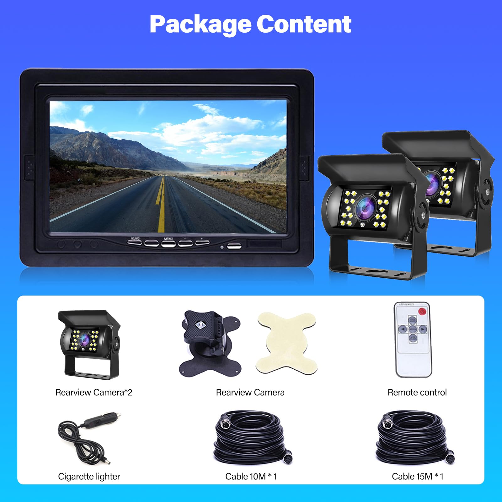Monitor 7 Pulgadas con Camara Marcha Atras - Monitor de Coche con Soporte de cámara de Marcha atrás IP67 Impermeable 18IR visión Nocturna - 2 Cámaras retrovisoras+2 Cables para camión/autobús/Tractor