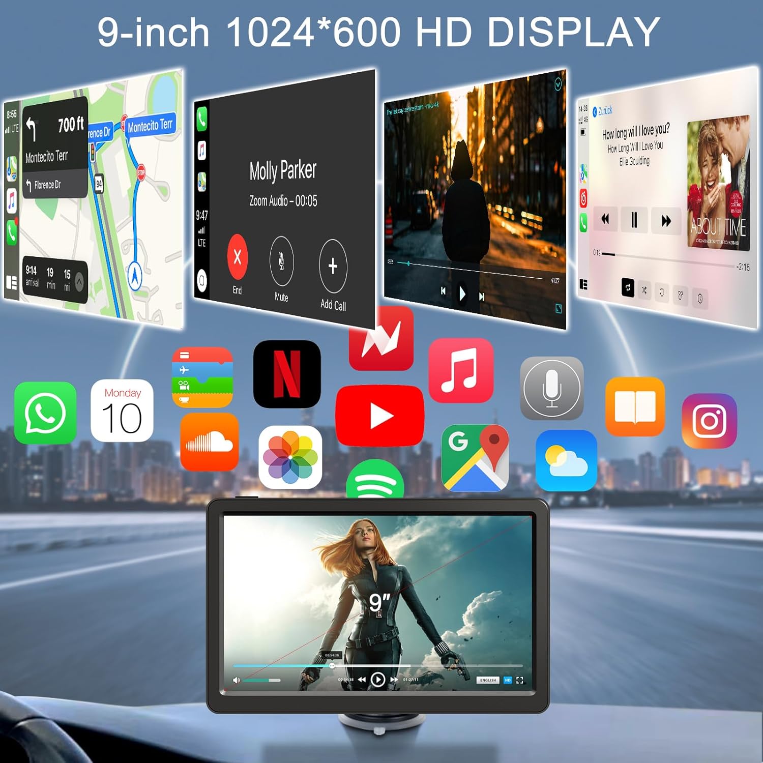 Wireless CarPlay Screen for Car Android Auto 9" HD Touch Screen, Portable Bluetooth GPS Navigation Mirror Link Music Video Player Airplay/Siri/AUX