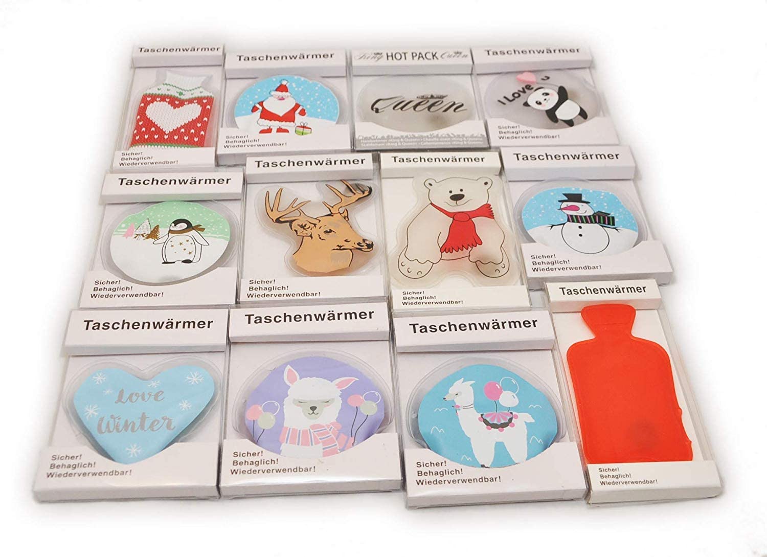 10er Set Taschenwärmer Handwärmer Elch Schneemann Eisbär Wärmflasche Herz Lama Pinguin Nikolaus (wechselnde Motive)