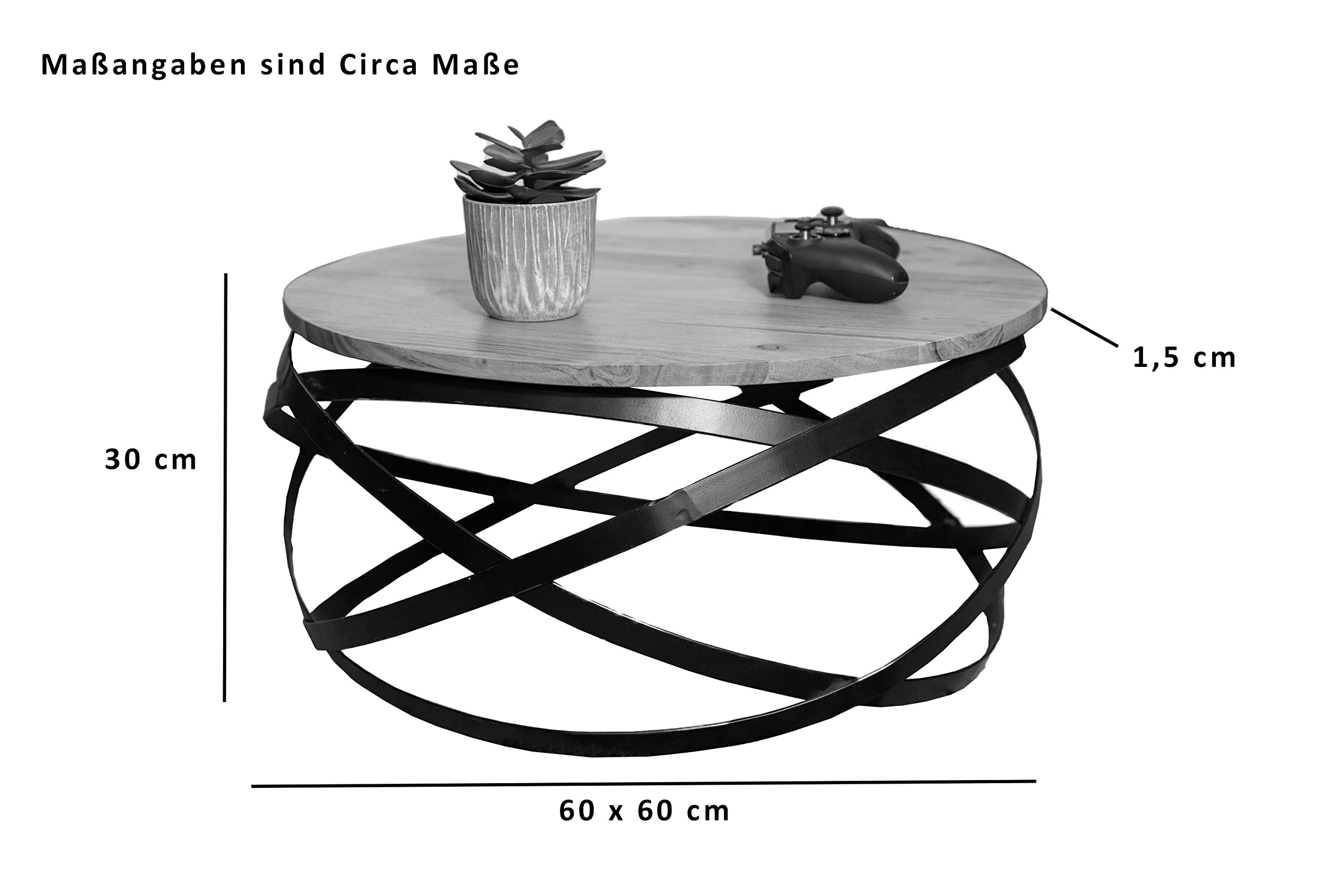 SAM Couchtisch Allison, Akazienholz massiv + naturfarben, 60x60x30 cm | runder Sofatisch mit schwarzem Metallgestell, Industrial-Design