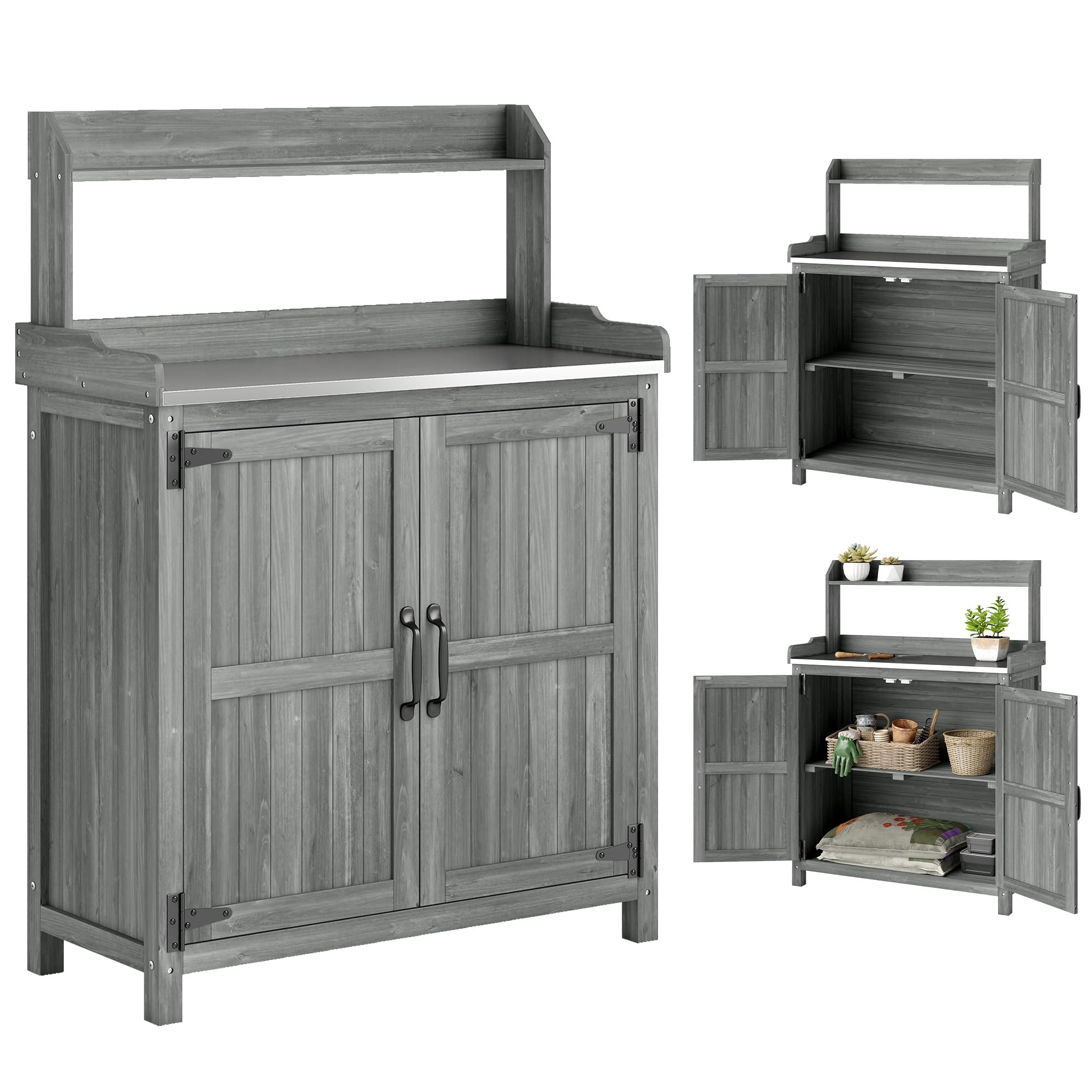 Outsunny Grey Wooden Potting Bench Table With Aluminium Worktop, Outdoor Garden Workbench With Top Shelf And Cabinet Storage, Planting Work Station For Patio, Balcony, 91 X 40 X 124 Cm,