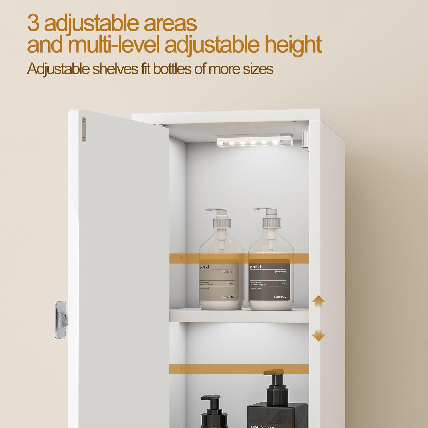 Tall Storage Cabinet, 7.9 Inch Narrow Bathroom Cabinet with USB Magnetic Light, Open Shelf, Magnetic Doors & Drawer, 5 Adjustable Shelves, Anti-Tip Kit for Small Spaces, Living Room, White, 70.9" H