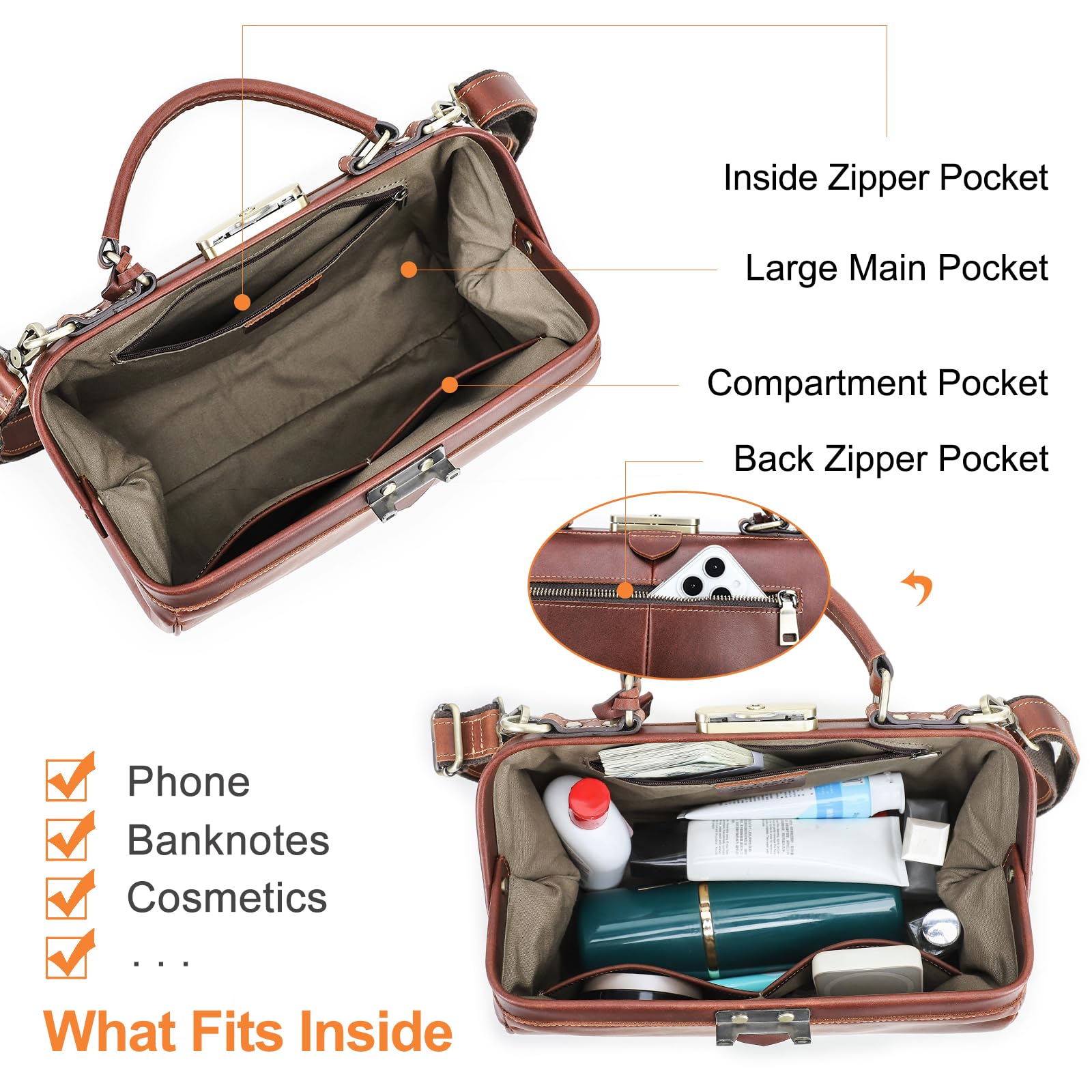 CONTACTS Doktortasche aus Vollnarbenleder Damentasche mit Schloss Umhängetasche Vintage Aktentasche mit oberem Griff Tasche mit Metallverschluss Rahmenöffnung