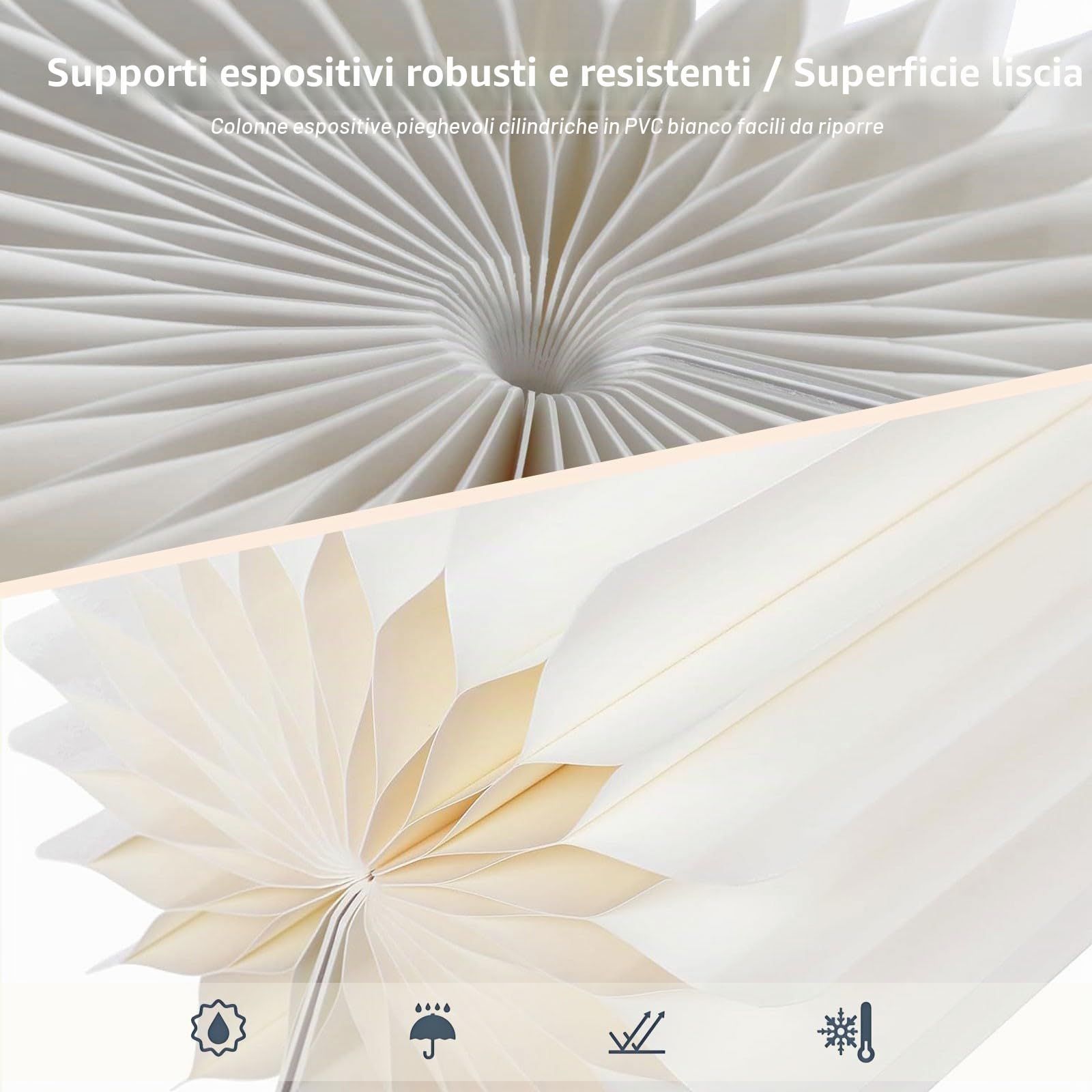 5 vasi Colonne espositive Pieghevoli cilindrici in PVC Bianco per Decorazioni di tavoli per Matrimoni, fidanzamenti e Compleanni, Supporti per Cartone Feste, piedistalli espositori