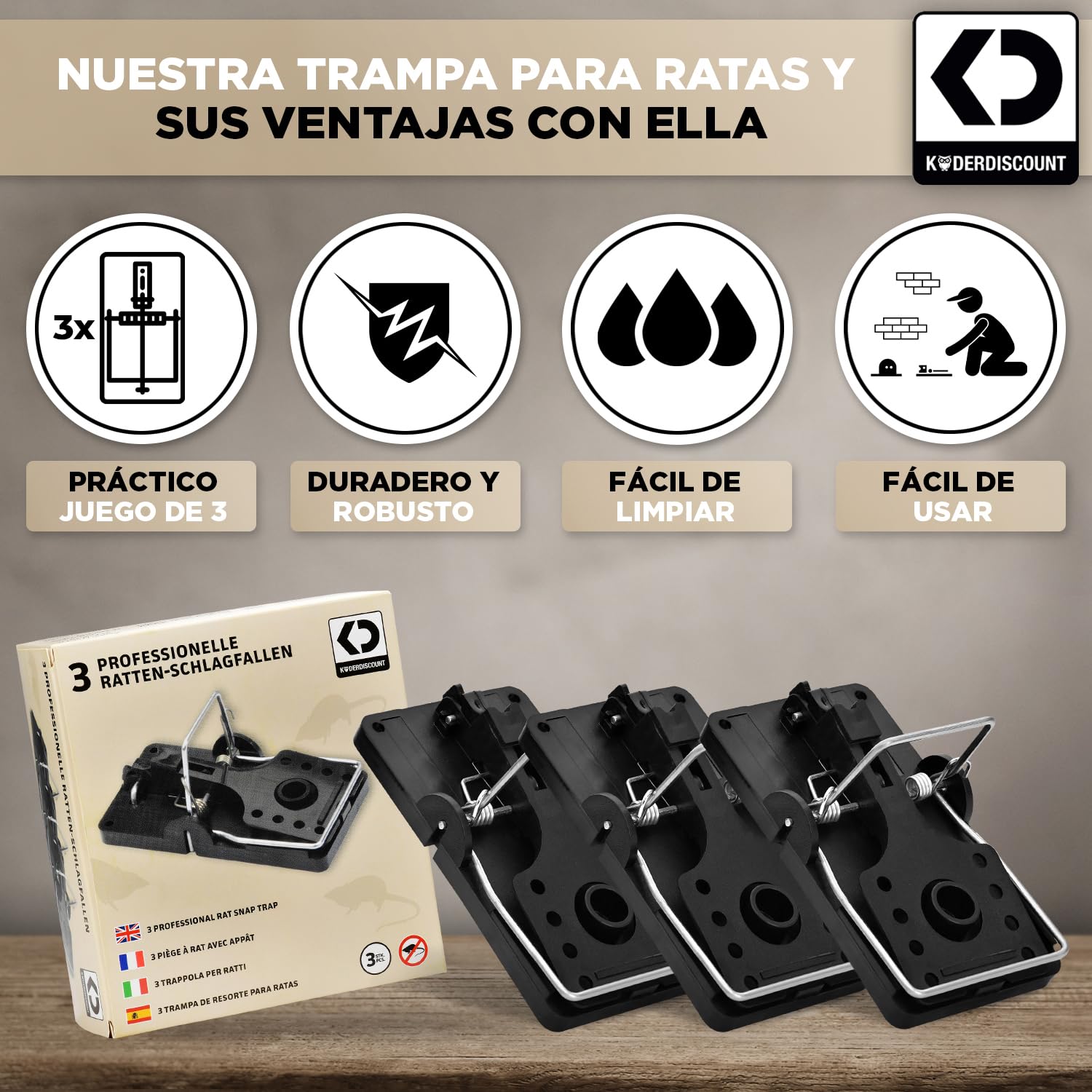 Trampa para Ratas Profesional (Pack de 3) – Trampas mecánicas potentes y reutilizables, sin veneno – Trampa higiénica para ratas para interior y exterior