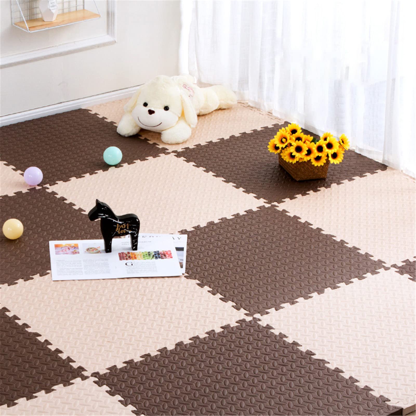 Tappeto Puzzle da Gioco in Schiuma dei Bambini Tappeto Quadrato Colorato Antiscivolo Morbido Tappetino per Gattonare Tappetini per Pavimenti in Schiuma Incastrando Eva,Beige+Brown,40pcs