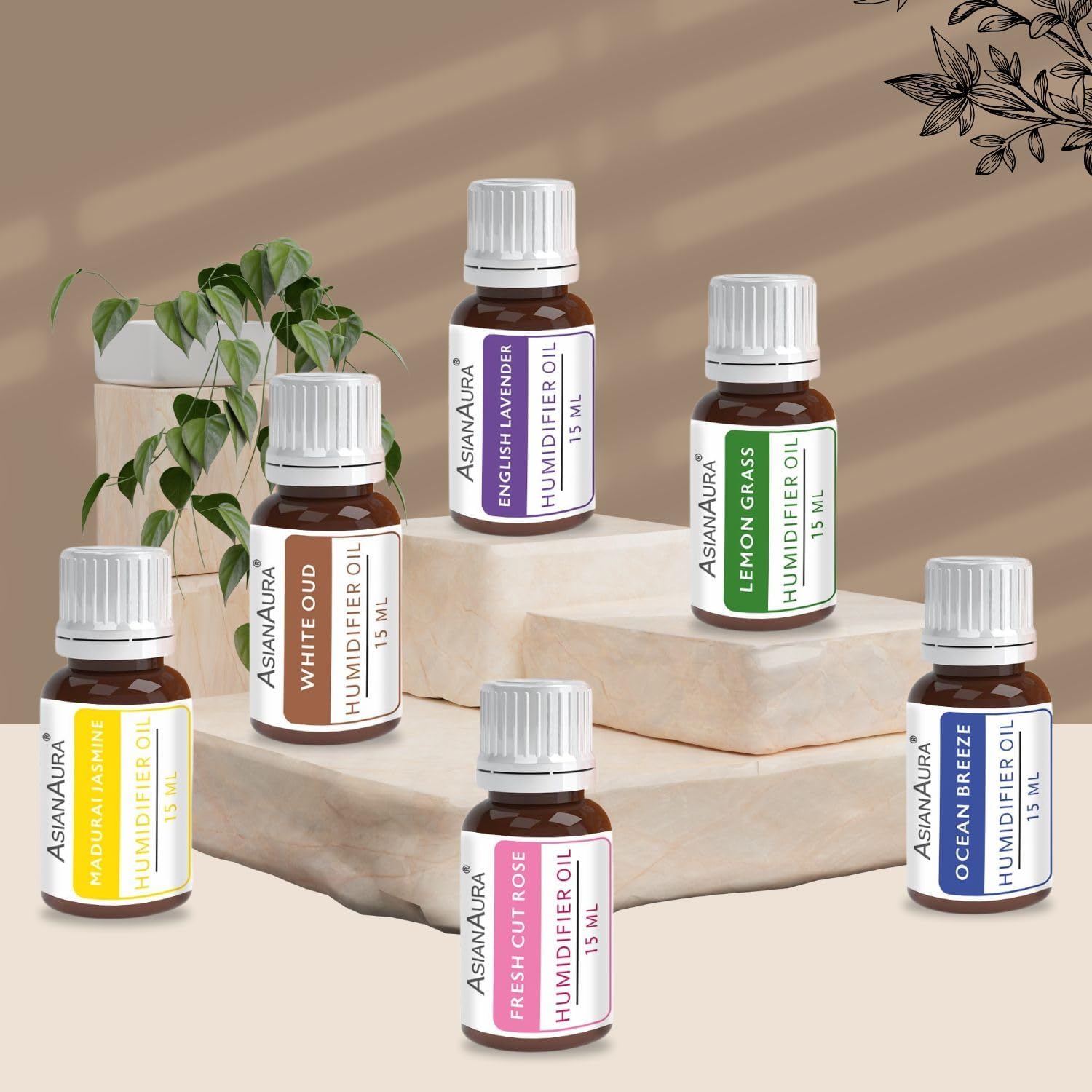 ASIAN AURA Scented Humidifier Diffuser Oil, Ultrasonic Diffuser Oil, Candle & Electric Diffuser Oil For Home Fragrance, Aroma Oils Pack Of 6 (15 Ml Each), English Lavender, Lemongrass, Ocean Breeze