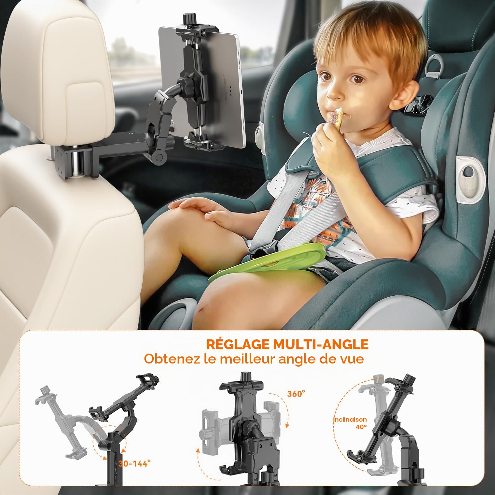 KDD Support de Tablette pour appuie-tête de Voiture - Rotation à 360 ° - avec Bras réglable - pour téléphones Portables et tablettes Pro, Air, Switch, Galaxy, 4,7 à 12,9"