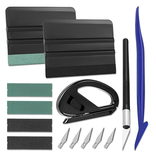 Art3d Outil Kit de film de fenêtre Kit de film de voiture professionnel avec raclette en feutre et pièces de rechange en feutre, couteau d’artisanat et lames, découpeur de vinyle sûr, micro raclette