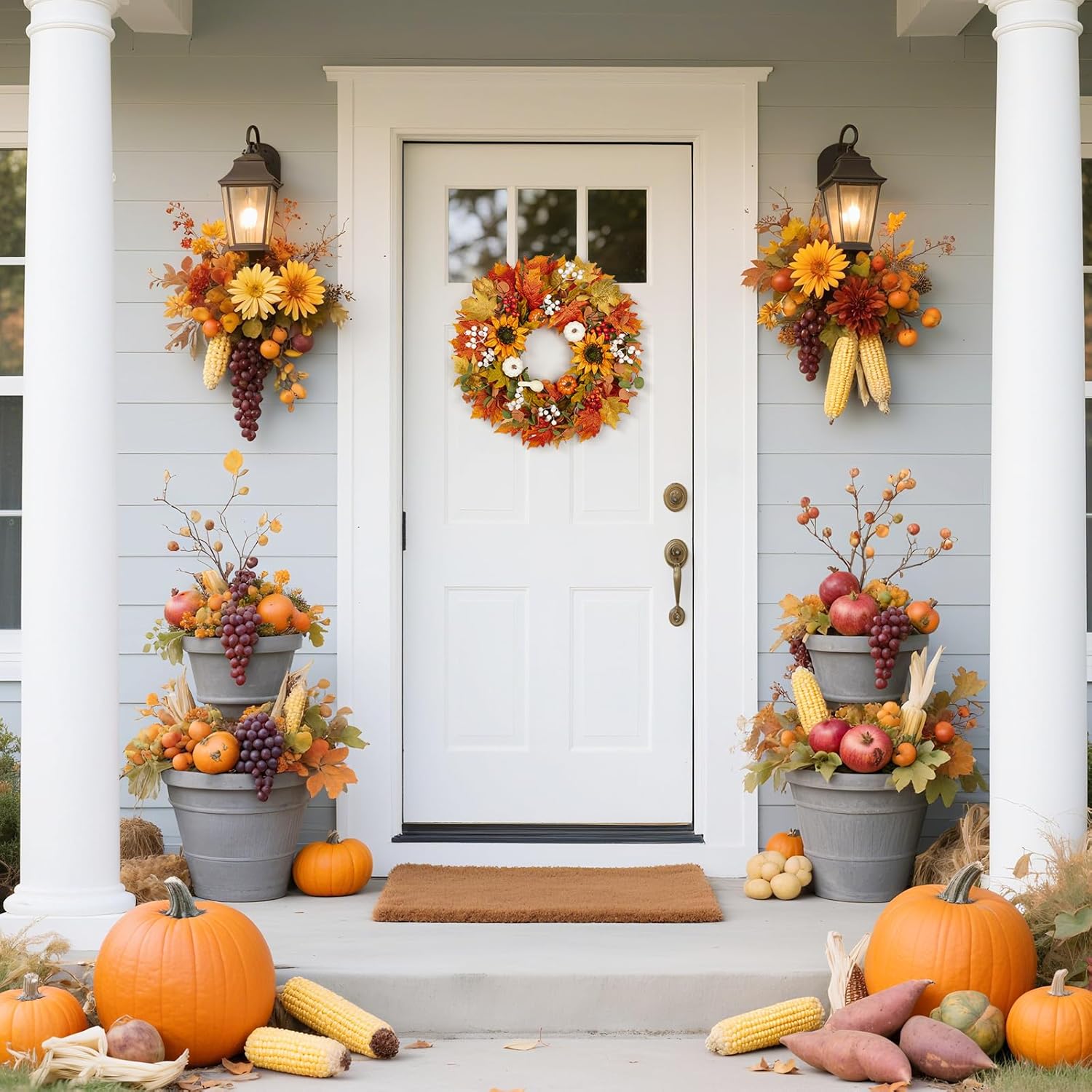 Fall Wreath for Front Door, 22-24 Autumn Wreath with Sunflower, Pumpkin, Berry. Artificial Home Decorations for Indoor Outdoor Window Wall Porch,UV Resistant Seasonal Decor for Thanksgiving Halloween