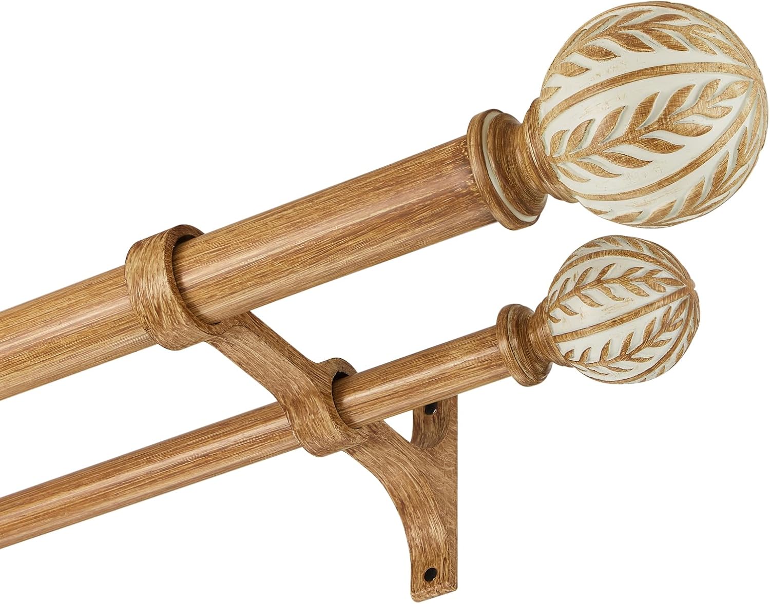 Double Wood Curtain Rods 36-72 Inch(3-6ft), Heavy Duty 1 Inch Front and 5/8 Inch Diameter Back Double Window Treatment Rod, Boho Drapery Rods with Imitation Light Brown Wood Grain Finials