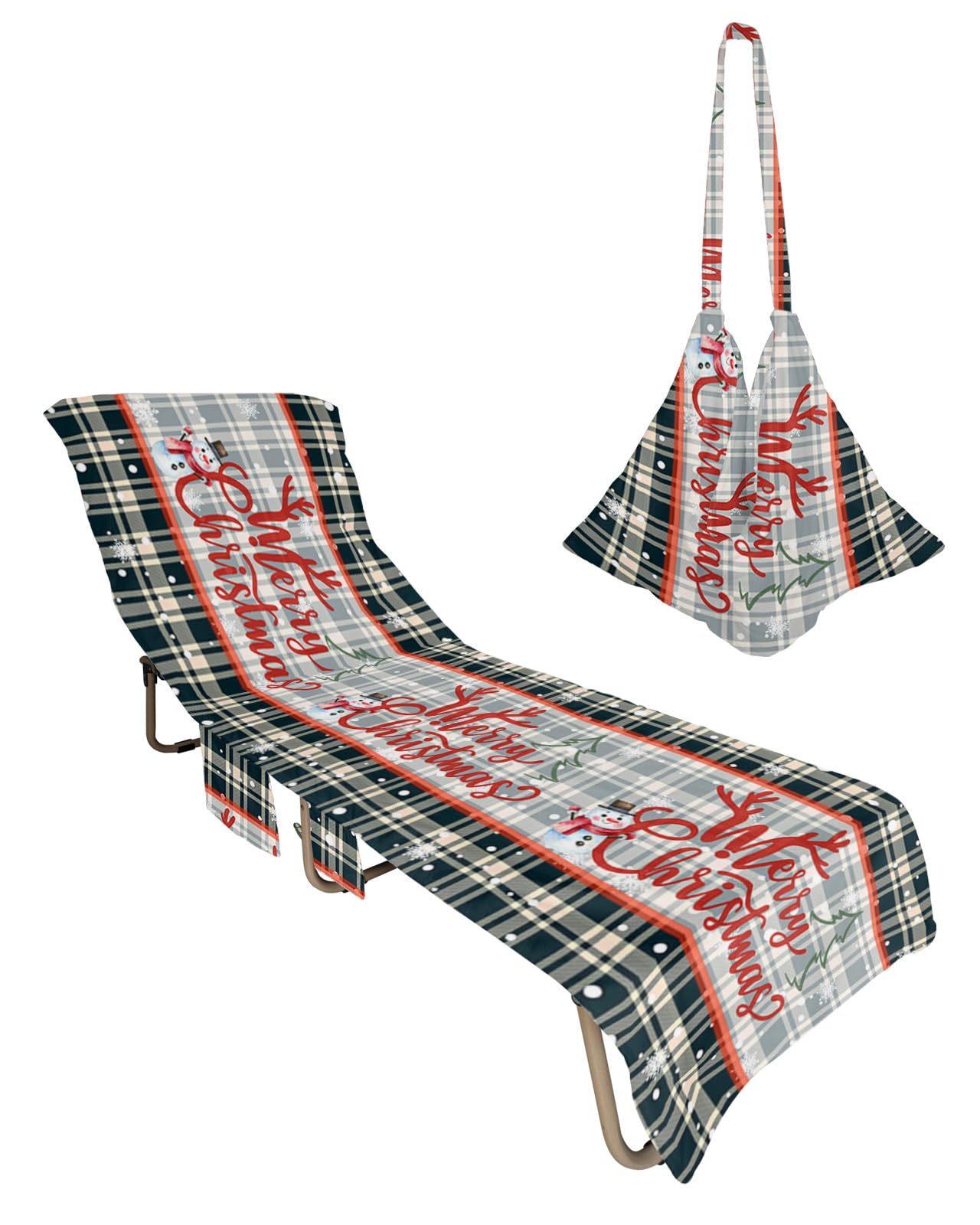 Christmas Beach Lounge Chair Towel Cover, Soft Chaise Lounge Towel with Side Pockets Patio Pool Chairs Cover for Beach/Pool Sunbathing 29x85 Xmas Tree Snowman Snowflake Black Plaid