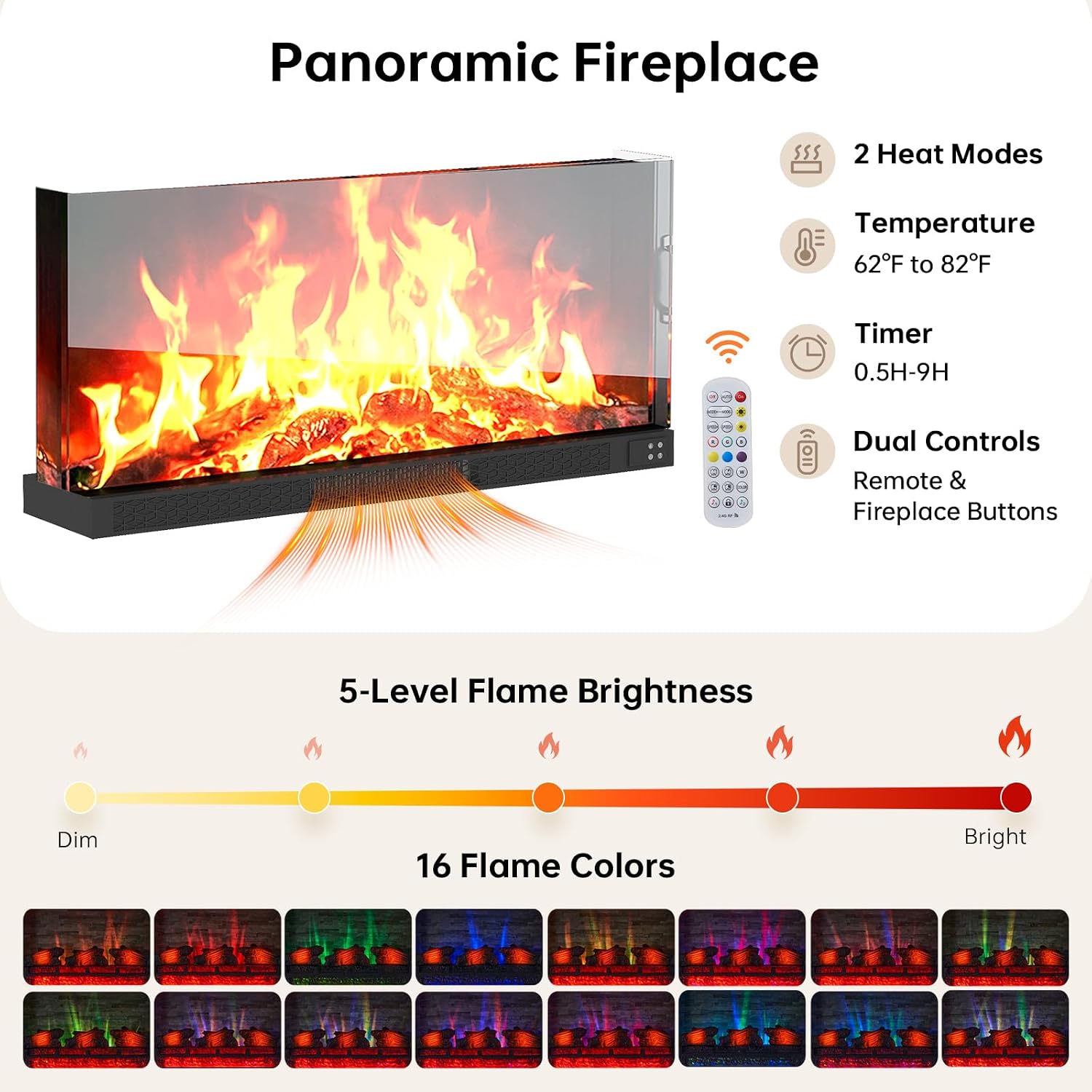 70" Fireplace TV Stand, 3 Sided Glass Modern Entertainment Center for TVs Up to 80”, TV Console with Storage Cabinets, Media Console for Living Room, Black TV Stand and Black Electric Fireplace