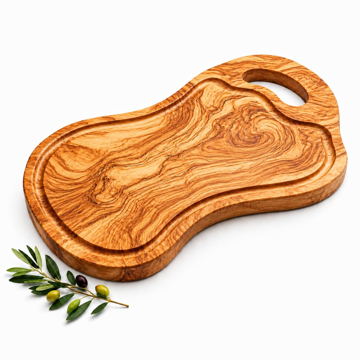 Tabla de cortar artesanal con rigole y mango de madera de olivo natural para cocina profesional, hecha a mano, 40 cm