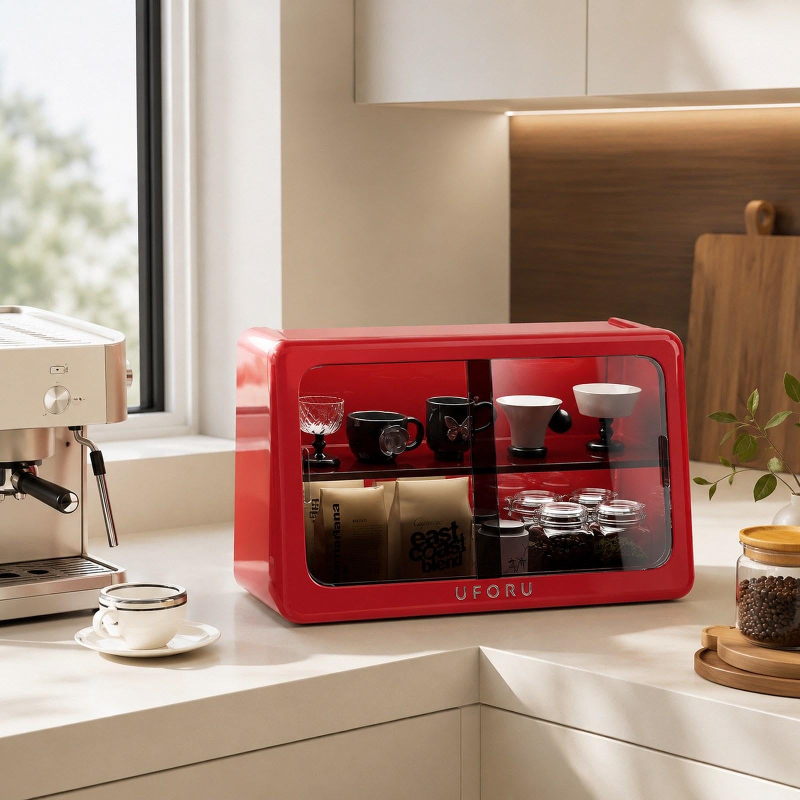 Desktop Aufbewahrungsregal mit Schiebetür Als Gewürzkorb Tassenablage Ablage für Kaffeezubehör Teeregal Mehrzweckregal für Büro Heimdekoration Und Arb, Rot