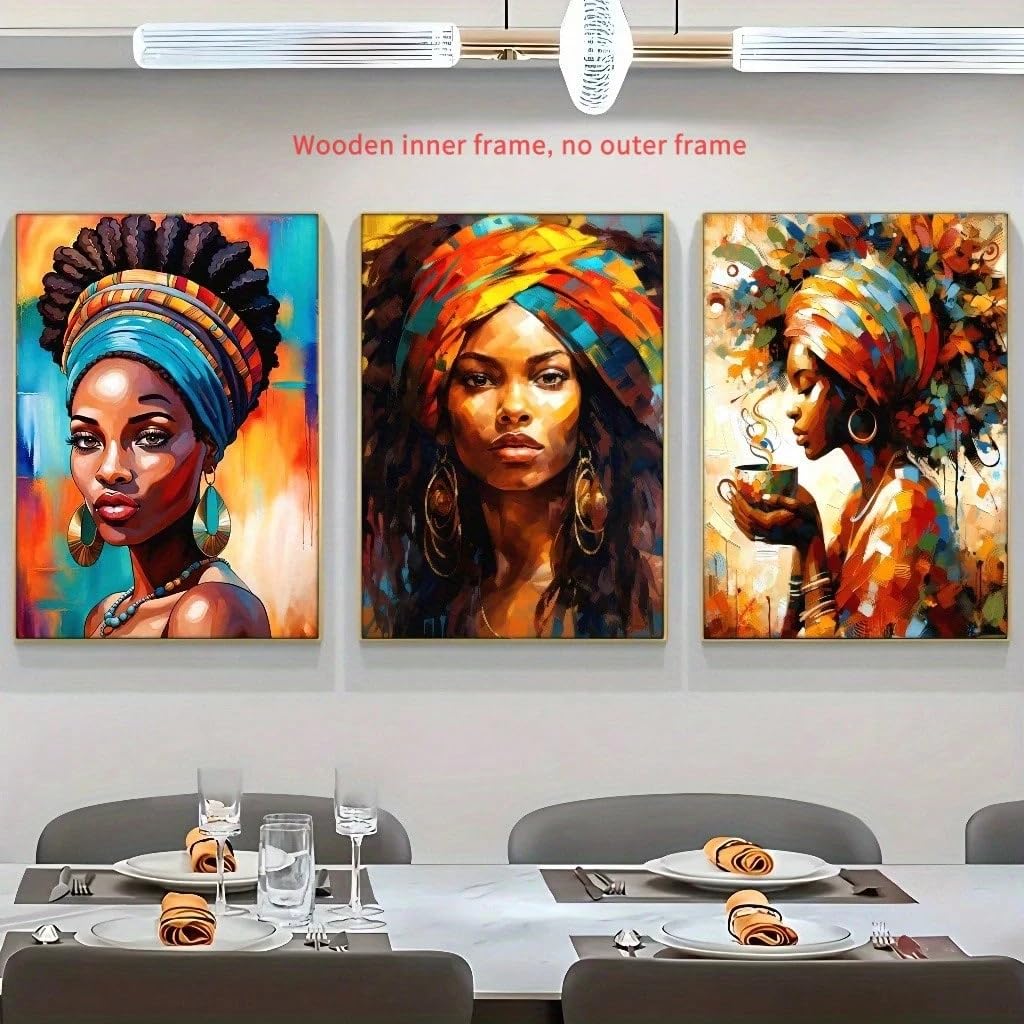 Tuschezeichnungen für die Wanddekoration, Kunst von Frauen mit schwarzer Hautfarbe, farbenfrohe Poster, Café, Bar, Wohnzimmer, Wanddekoration für Zuhause (70 x 100 cm x 3/ohne Rahmen)