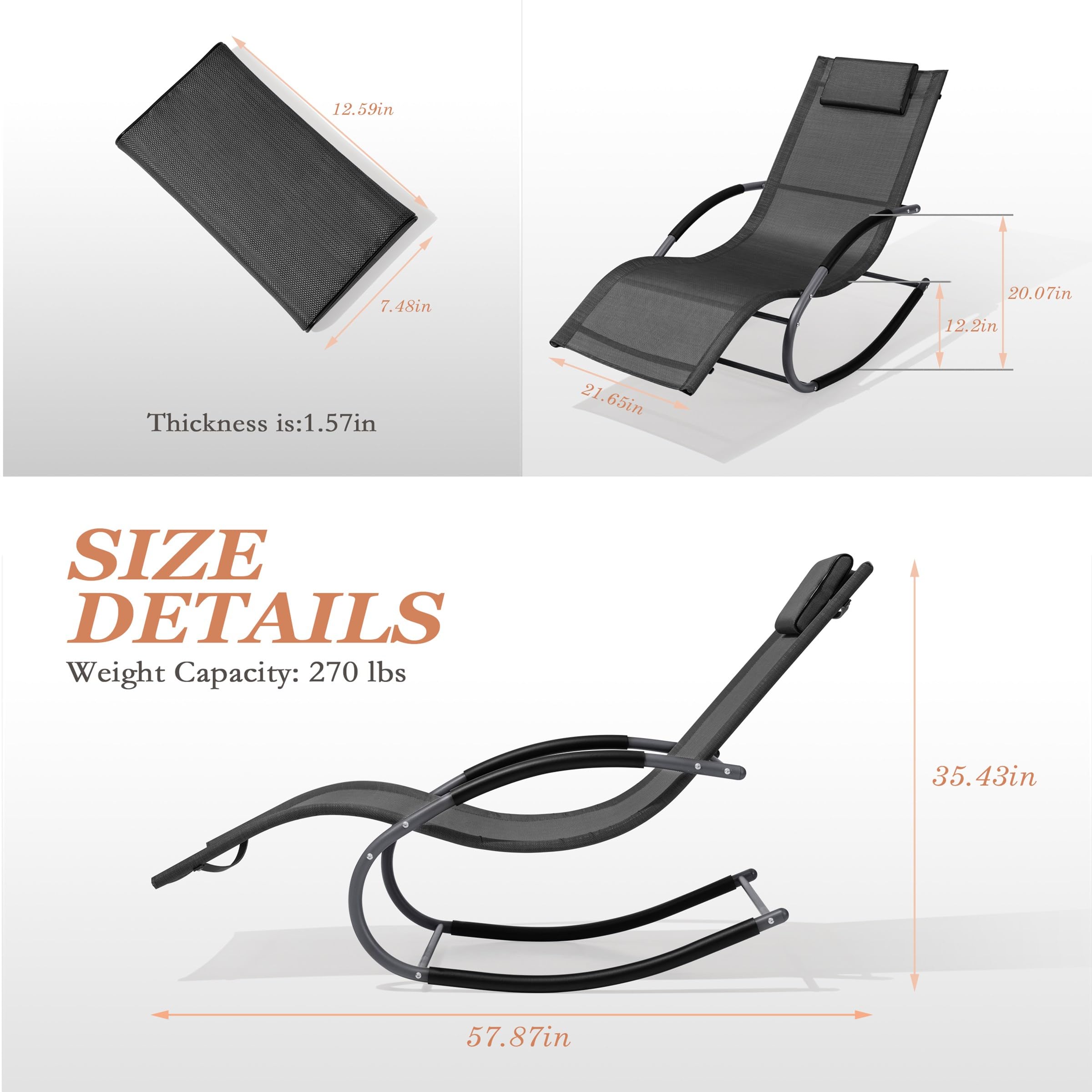 Crestlive Products Mecedora curvada para patio, con almohada, para playa, patio, piscina, exterior e interior (2 unidades, color negro)