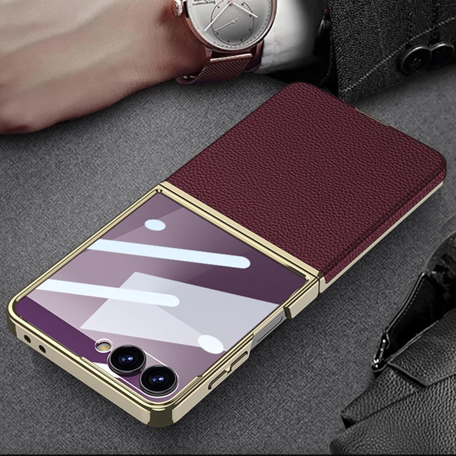 For Samsung Galaxy Z Flip 7用ケース、高級メッキレザーカバースクリーンプロテクター傷防止ケース,White