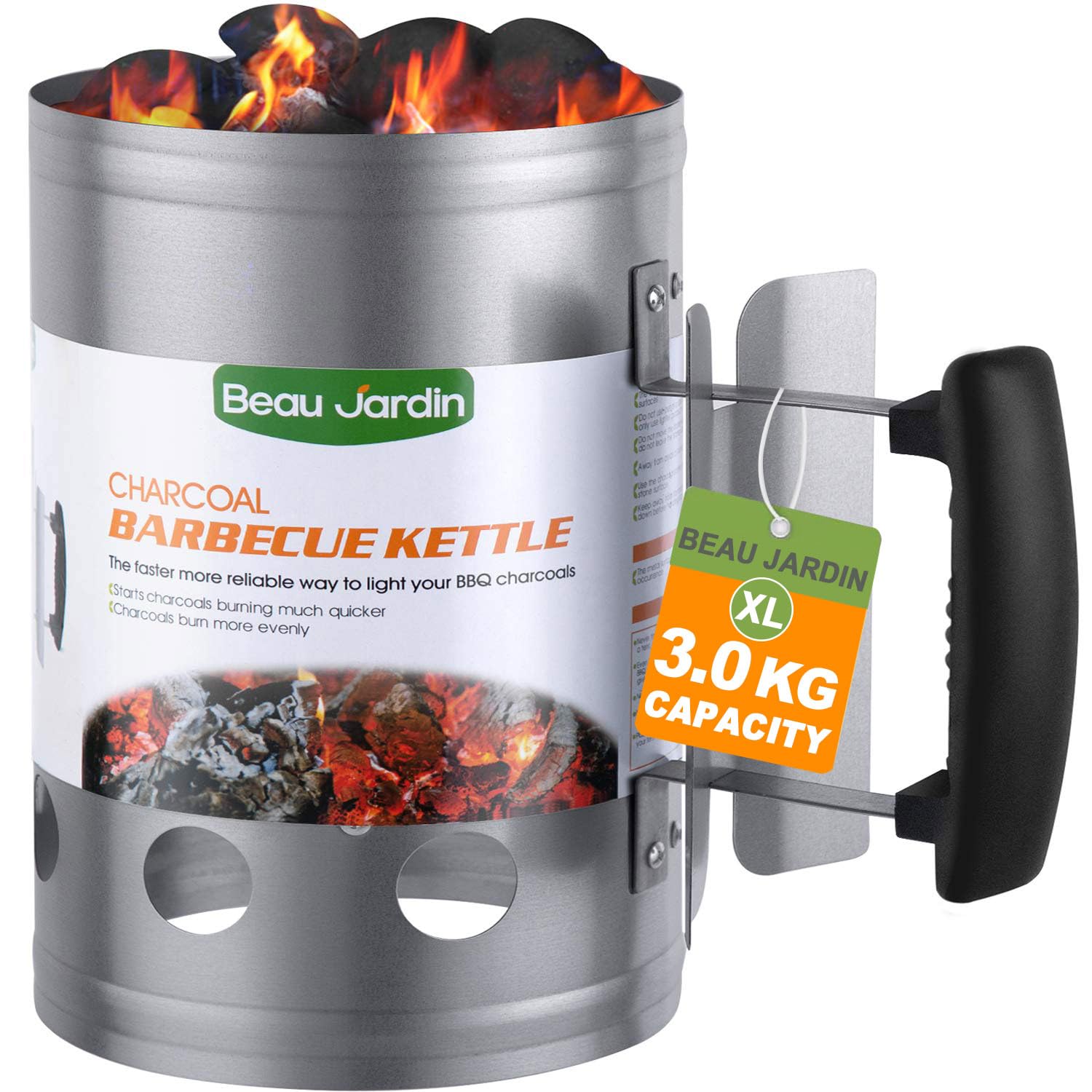 BEAU JARDIN Charcoal Chimney Starter Grill Can Barbecue BBQ Galvanized Steel Chimney Lighter Basket Outdoor Cooking Quick Rapid Fire Briquette for Grilling Camping Accessories 17.7 x 28cm/7x 11in