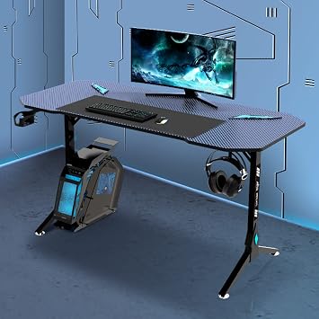 Gaming Desk with Cup Holder & Headphone Hook, Home Office PC Desk Gamer Workstation with LED Lights Ergonomic Computer Desk with Carbon Fibre Surface, Red