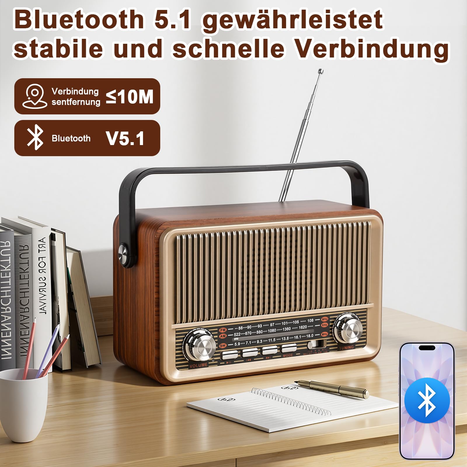 Retro Radio AM/FM/SW kofferradio mit 1200mAh Akku& Bluetooth 5.1,AUX/USB/TF Unterstützung - Für Küche, Büro Und Zuhause, Einfaches Radios für Senioren