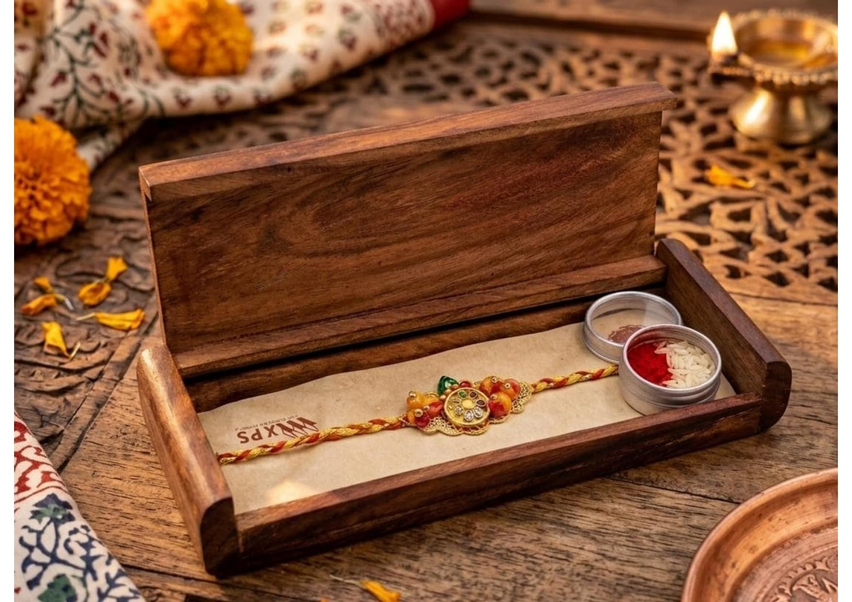 Wooden Rakhi Box | Sheesham Wood | With Roli Chawal & Rakhi | Gift Box Combo Set for Brother | Jewellery Box | Organiser For Women | Pooja Temple Rakshabandhan Gift Set - Brown-image-37