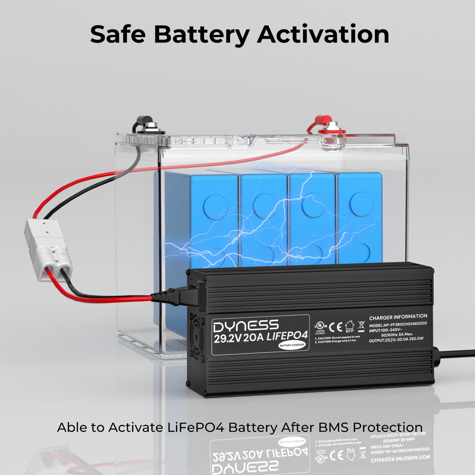 Dyness Caricabatterie 29,2 V 20 A LiFePO4, Caricabatterie Automatico Intelligente a 3 Livelli per Batterie al Litio LiFePO4 Adatto per Batterie al Litio da 24 V (25,6 V) con Protezione Completa